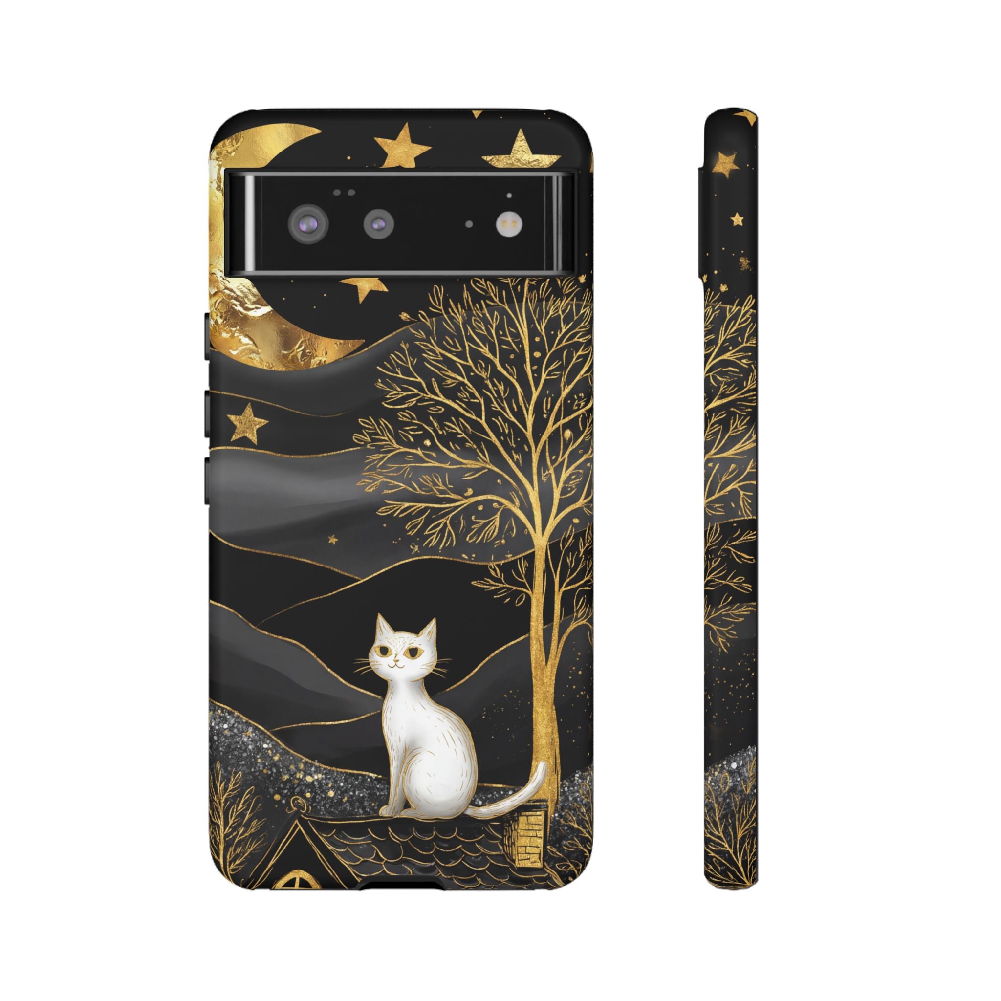 Mystic Night Cat Google Pixel Case | Gold Tree & Stars Tough Case