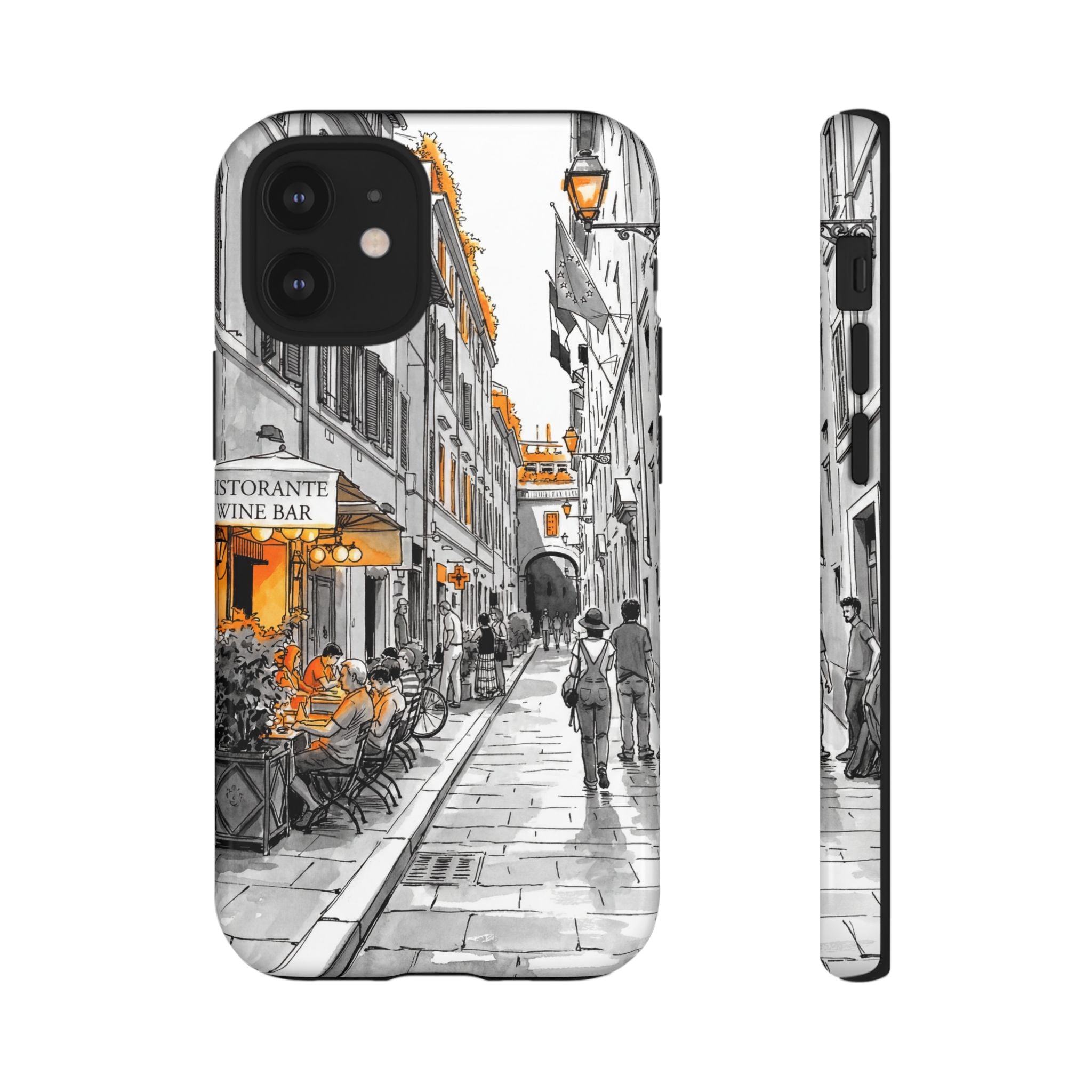 Vintage Italy Street iPhone Case | Black & White Sketch with Orange Accent