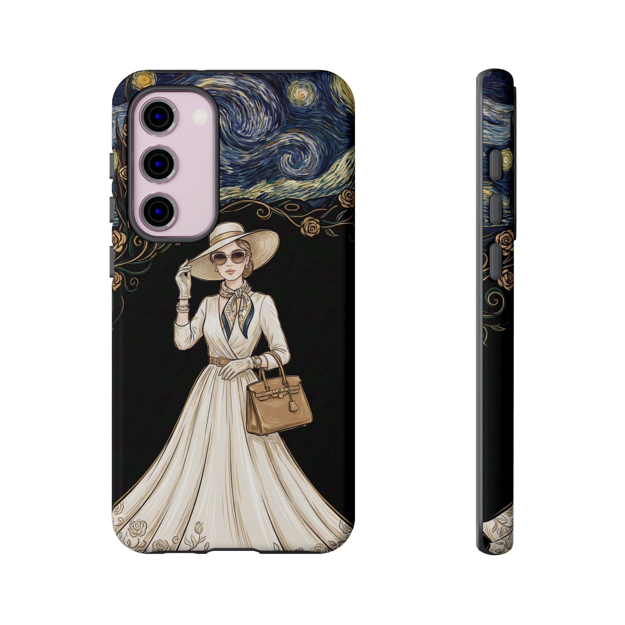Vintage Starry Night Fashion Samsung Galaxy Phone Case | Elegant Lady in White Dress