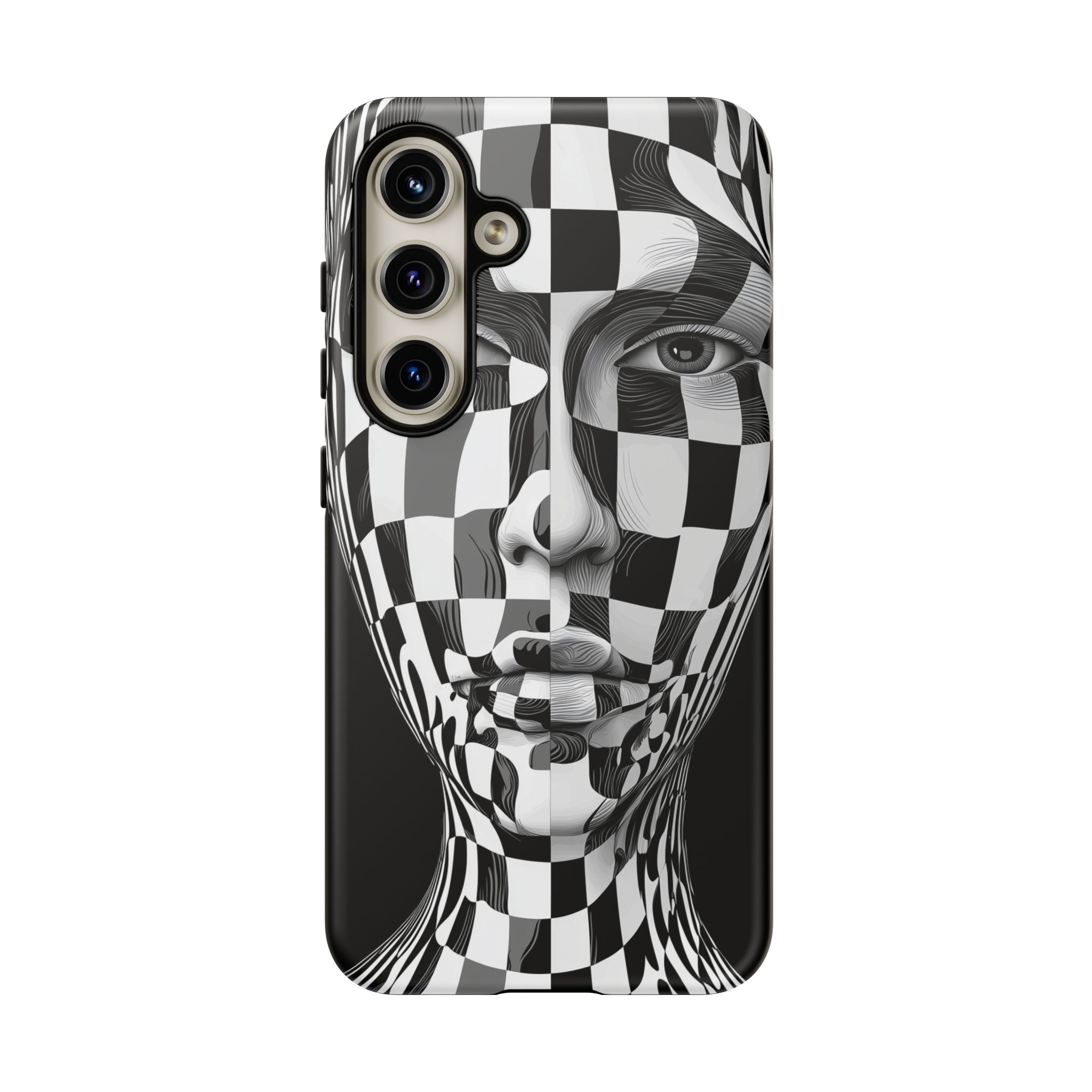 Checkerboard Face Tough Samsung Galaxy Case — Black & White Surreal Art Protective Cover