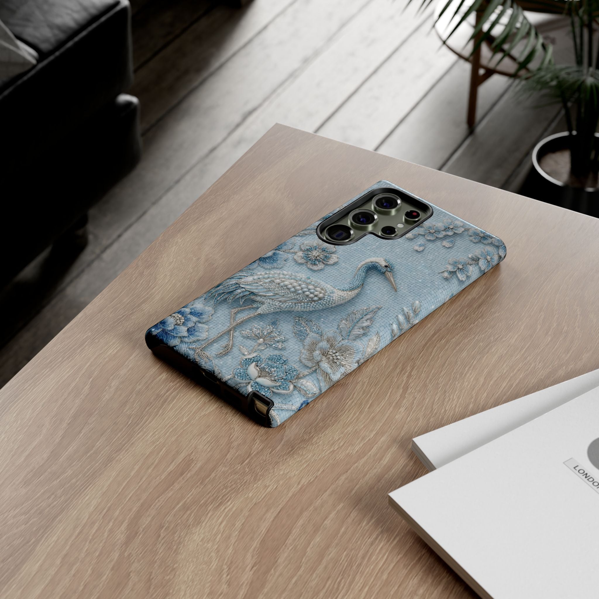 Blue Crane Floral Samsung Galaxy Phone Case | Vintage Embossed Bird Design