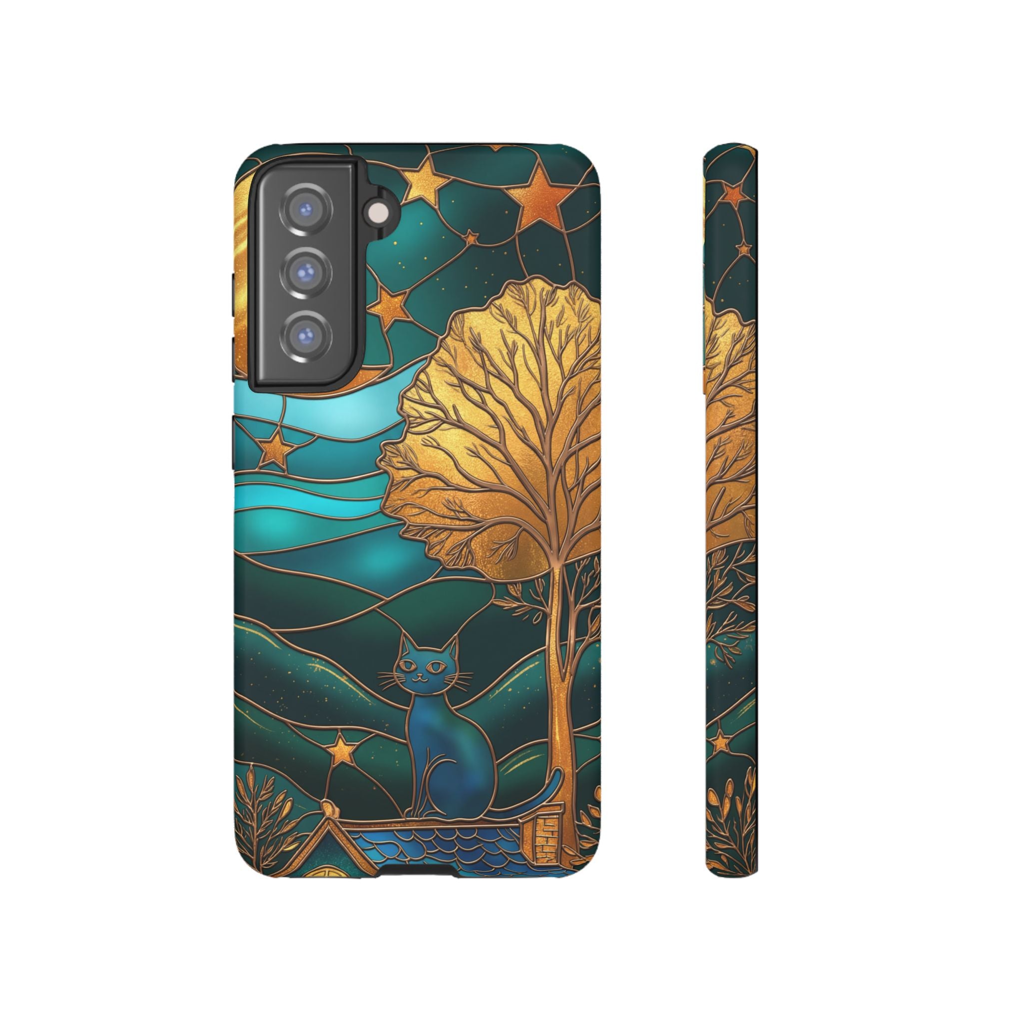 Stained Glass Cat Tough Samsung Galaxy Case | Gold Tree & Starry Night Design