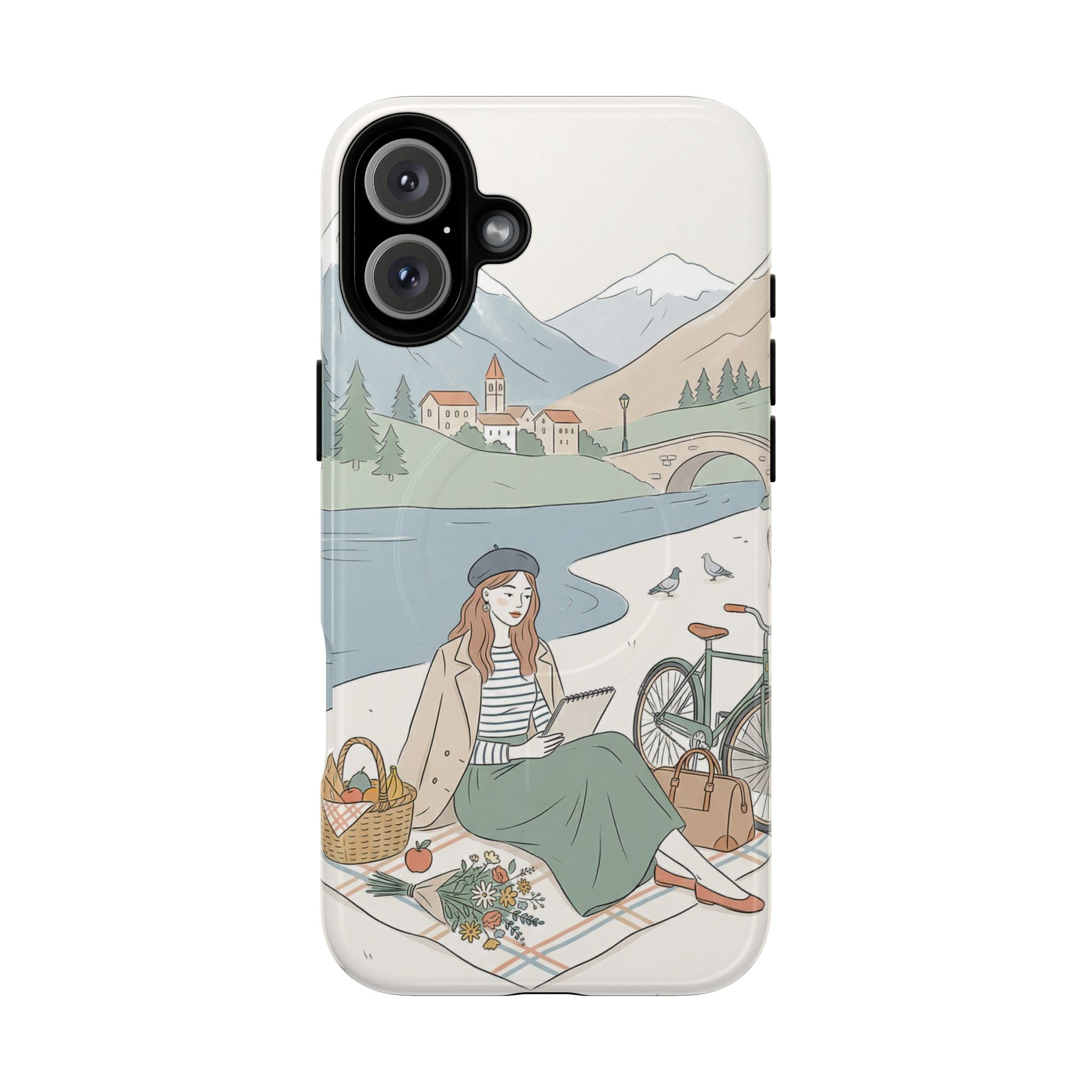 Scenic Picnic MagSafe iPhone Case | Vintage Bicycle & Mountain Illustration