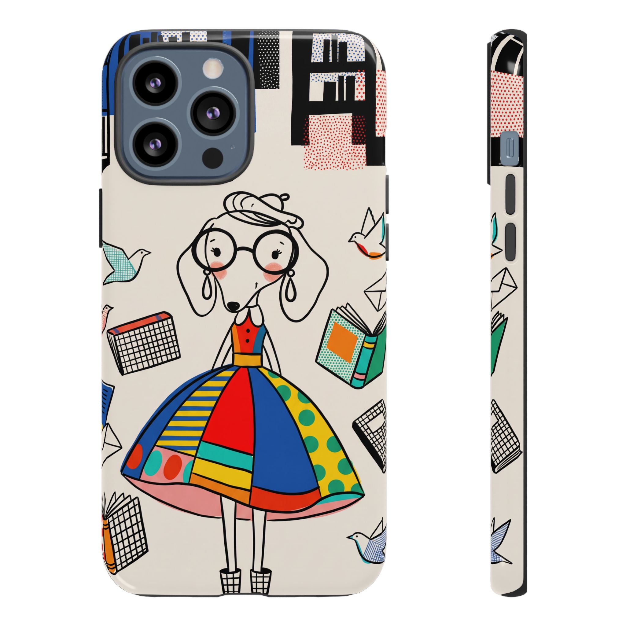 Cute Dachshund Dog Illustration iPhone Case | Colorful Whimsical Book & Bird Design
