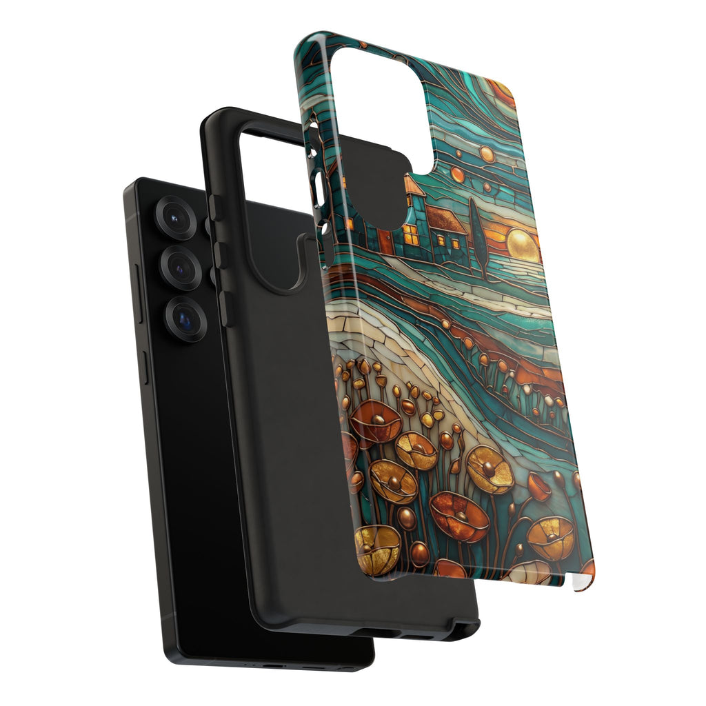 Artistic Sunset Cottage Samsung Galaxy Case | Whimsical Floral Landscape Protective Cover