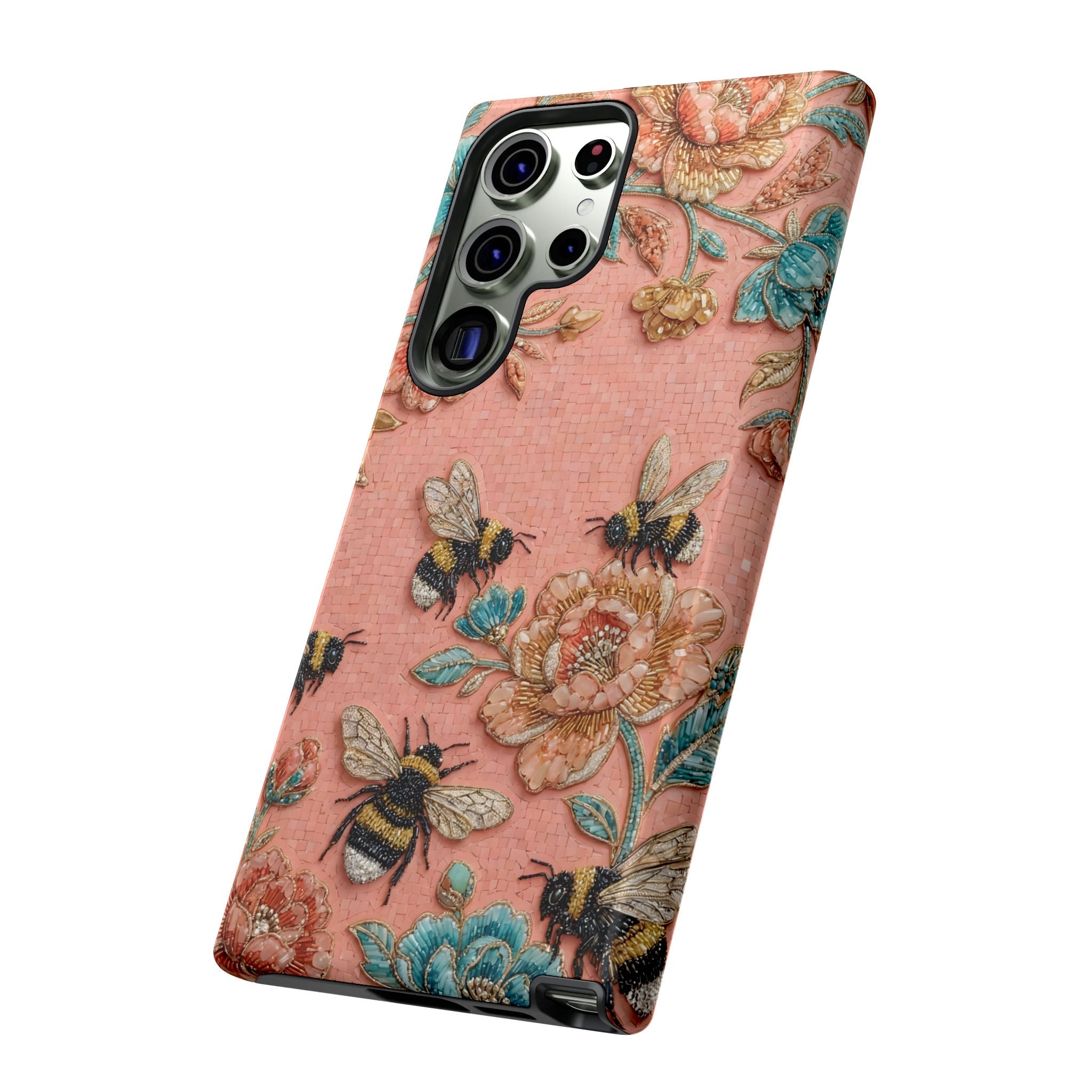 Floral Bee Tough Samsung Galaxy Phone Case | Vintage Pink Garden Protective Cover