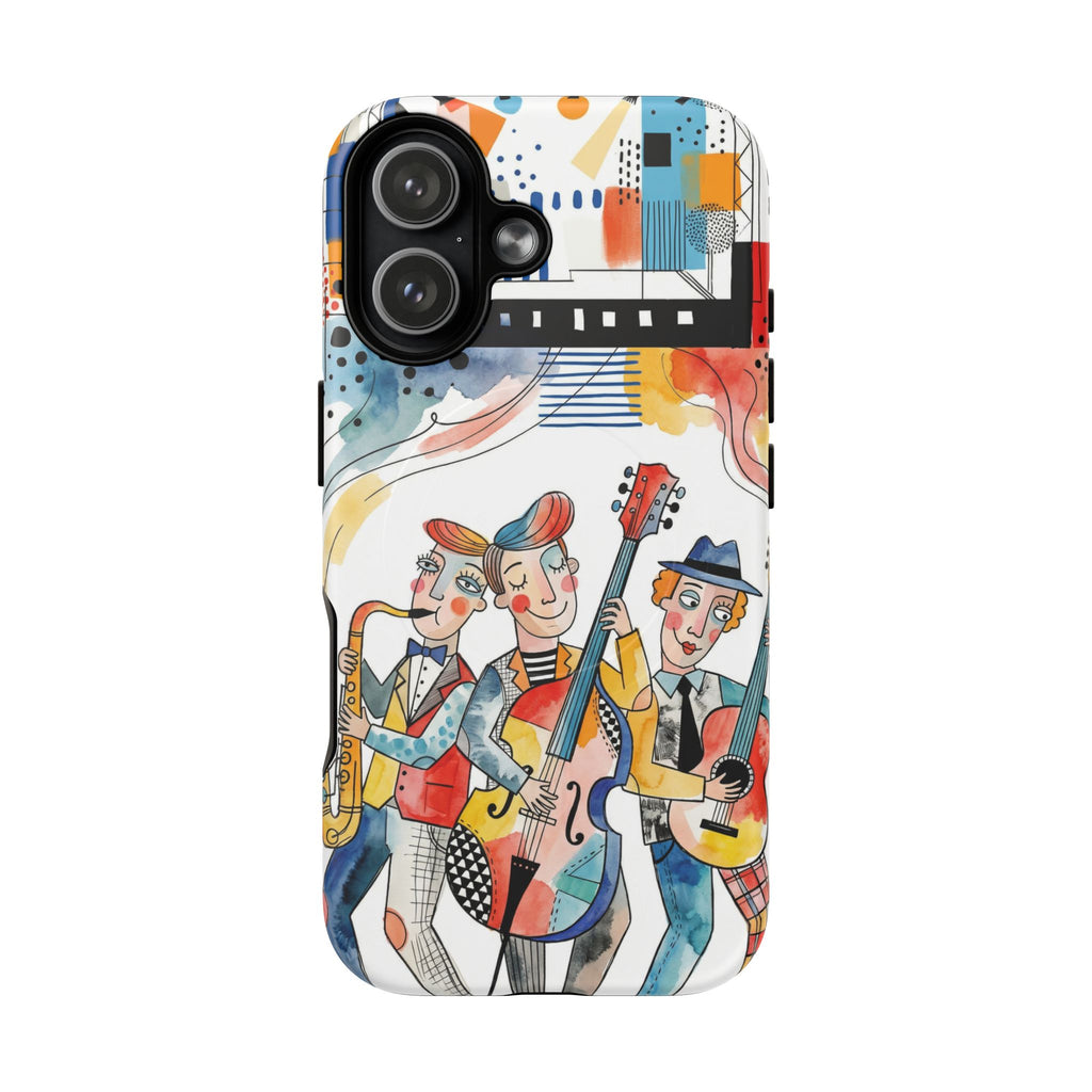 Custodia MagSafe per iPhone con illustrazioni di un trio musicale | Cover per telefono con opera d'arte colorata di una band jazz