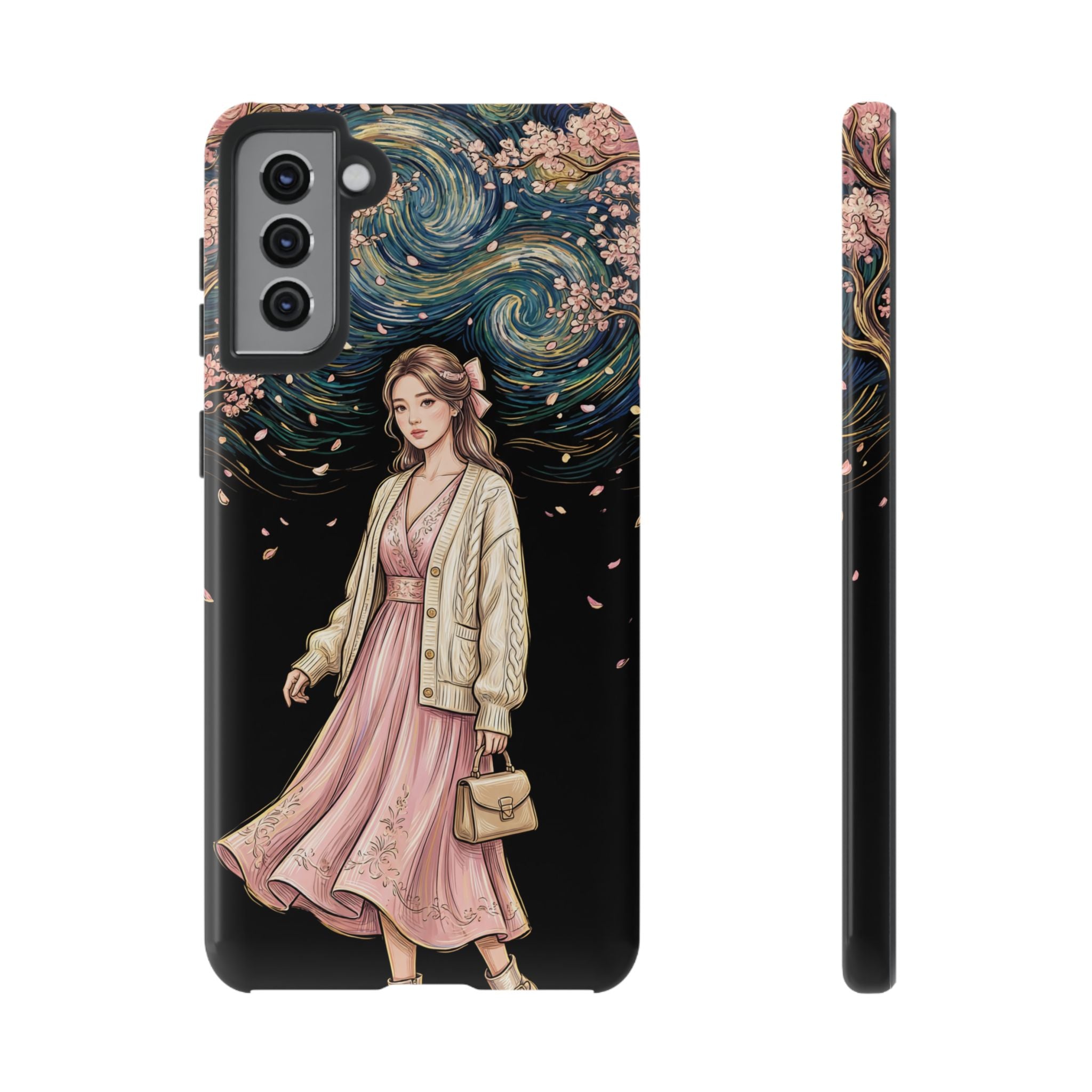 Floral Starry Night Samsung Galaxy Phone Case | Elegant Girl in Pink Dress