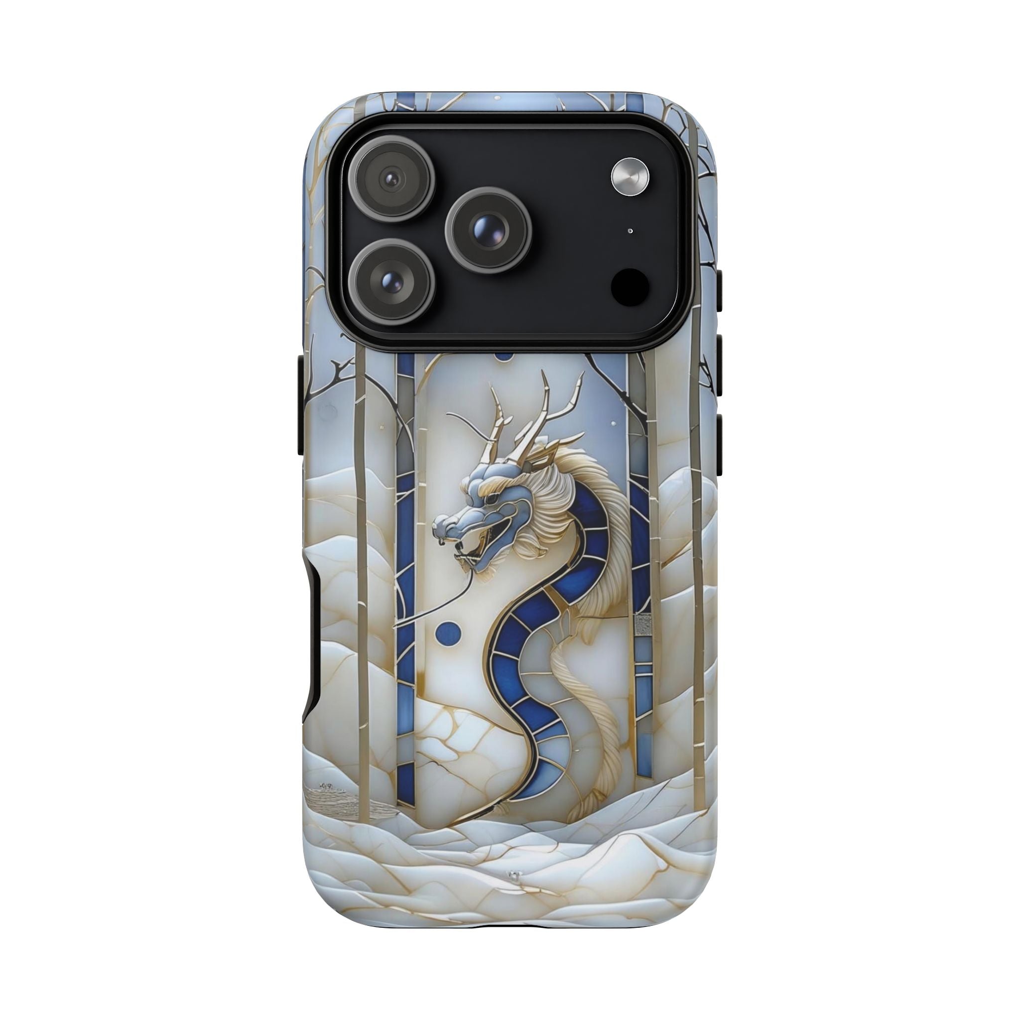Dragon Stained Glass iPhone Case — Blue Winter Forest Protective Cover