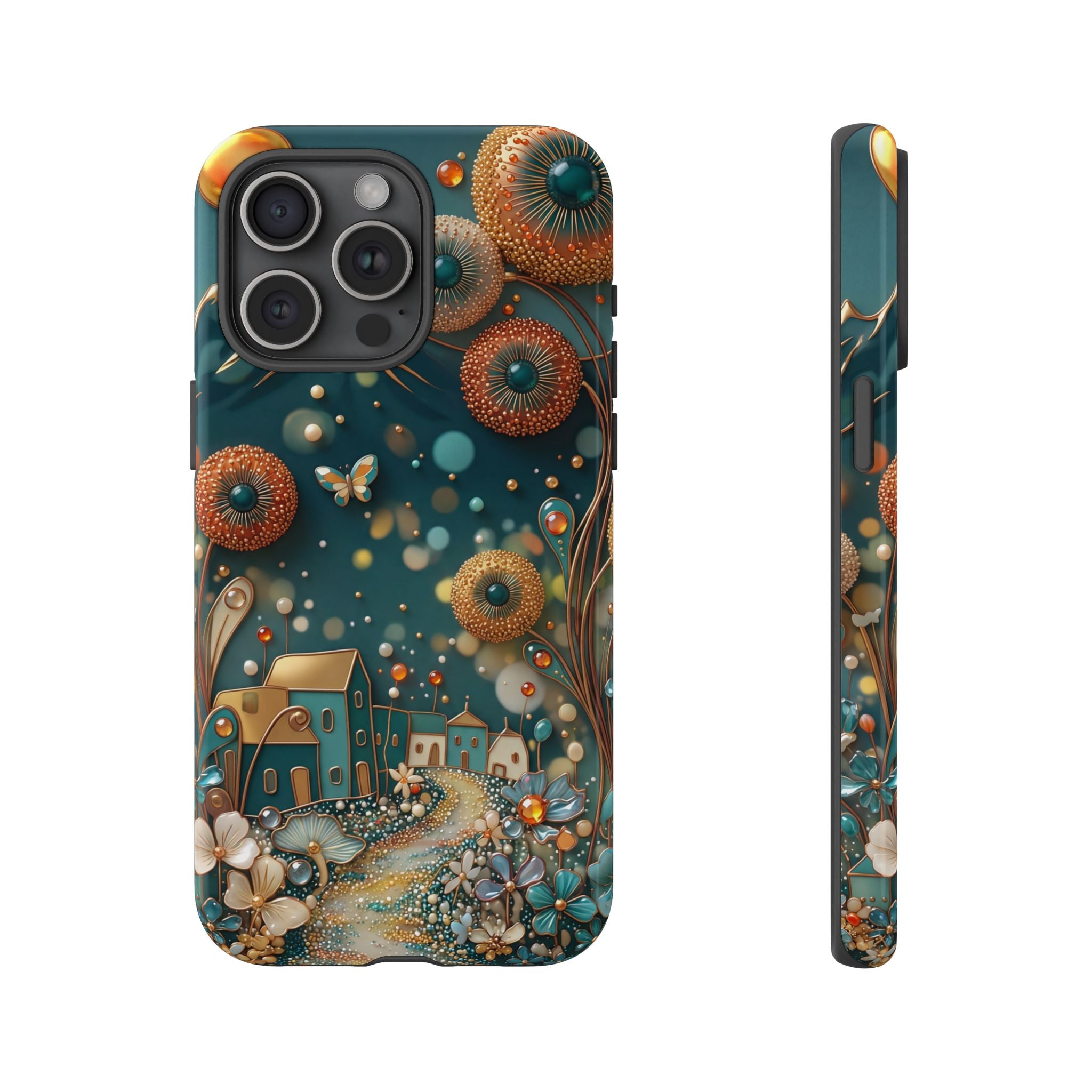 Whimsical Night Village iPhone Case | Floral Moonlit Art Tough Case