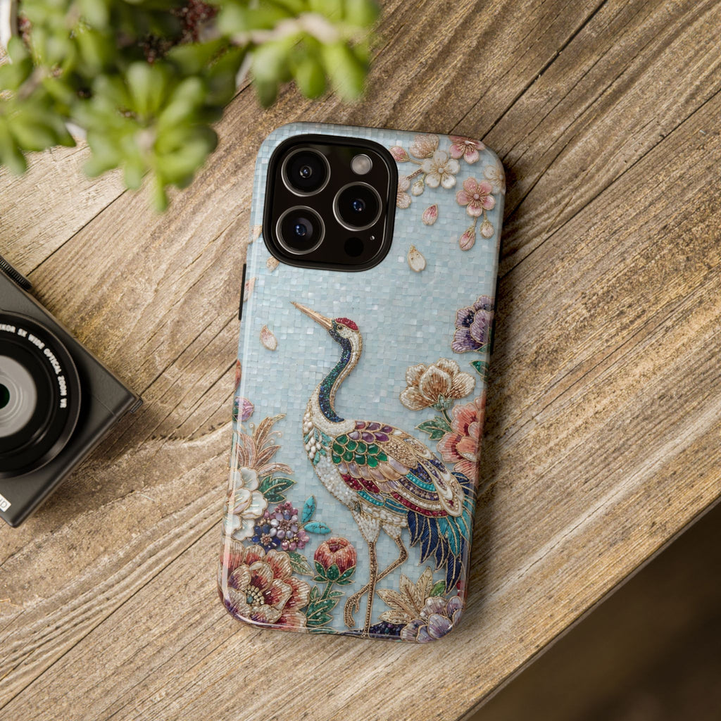 Floral Crane Tough iPhone Case | Vintage Embroidered Bird Protection