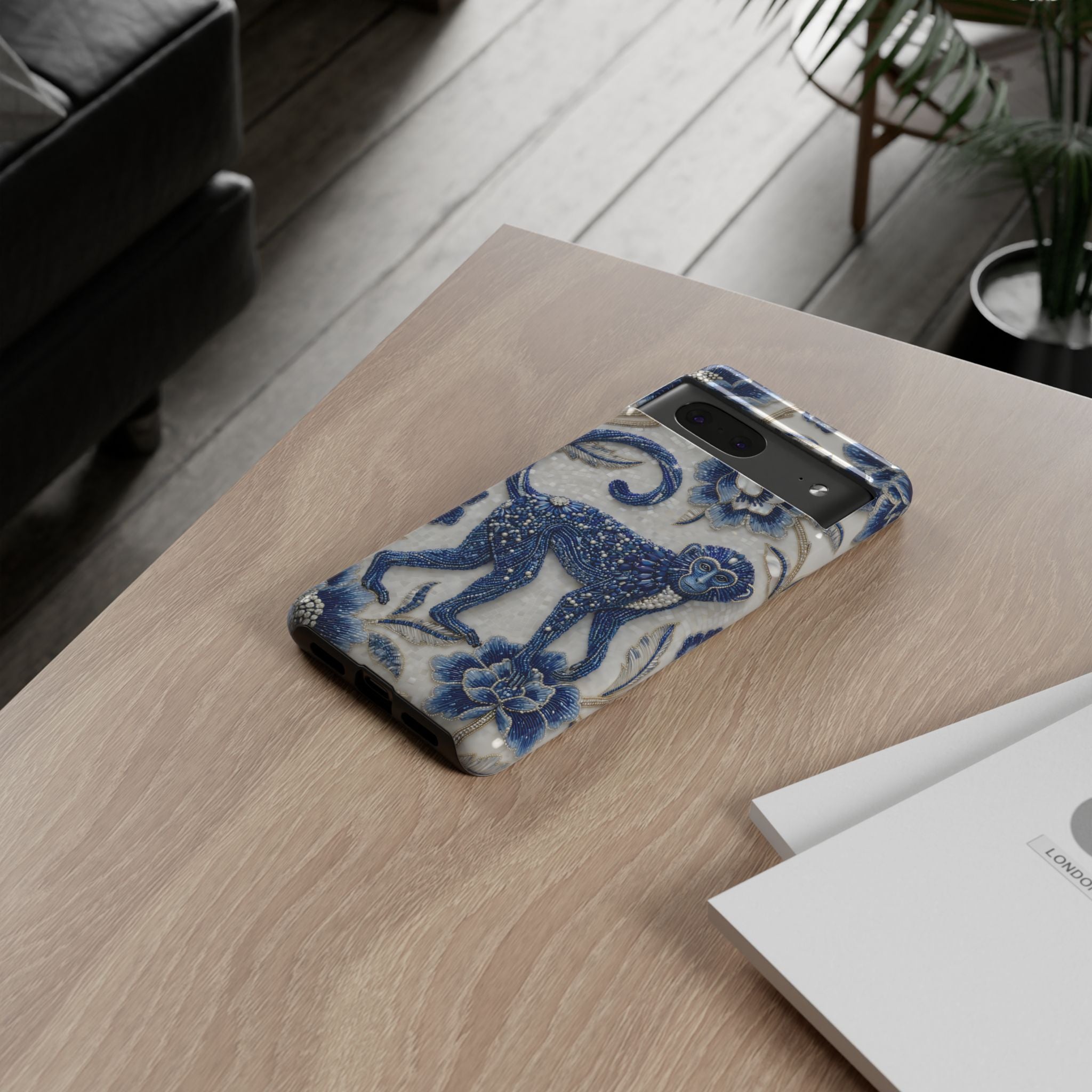 Custodia per telefono Google Pixel Scimmia Zodiaco Asiatico | Custodia protettiva artistica in porcellana blu e bianca | Regalo Anno della Scimmia