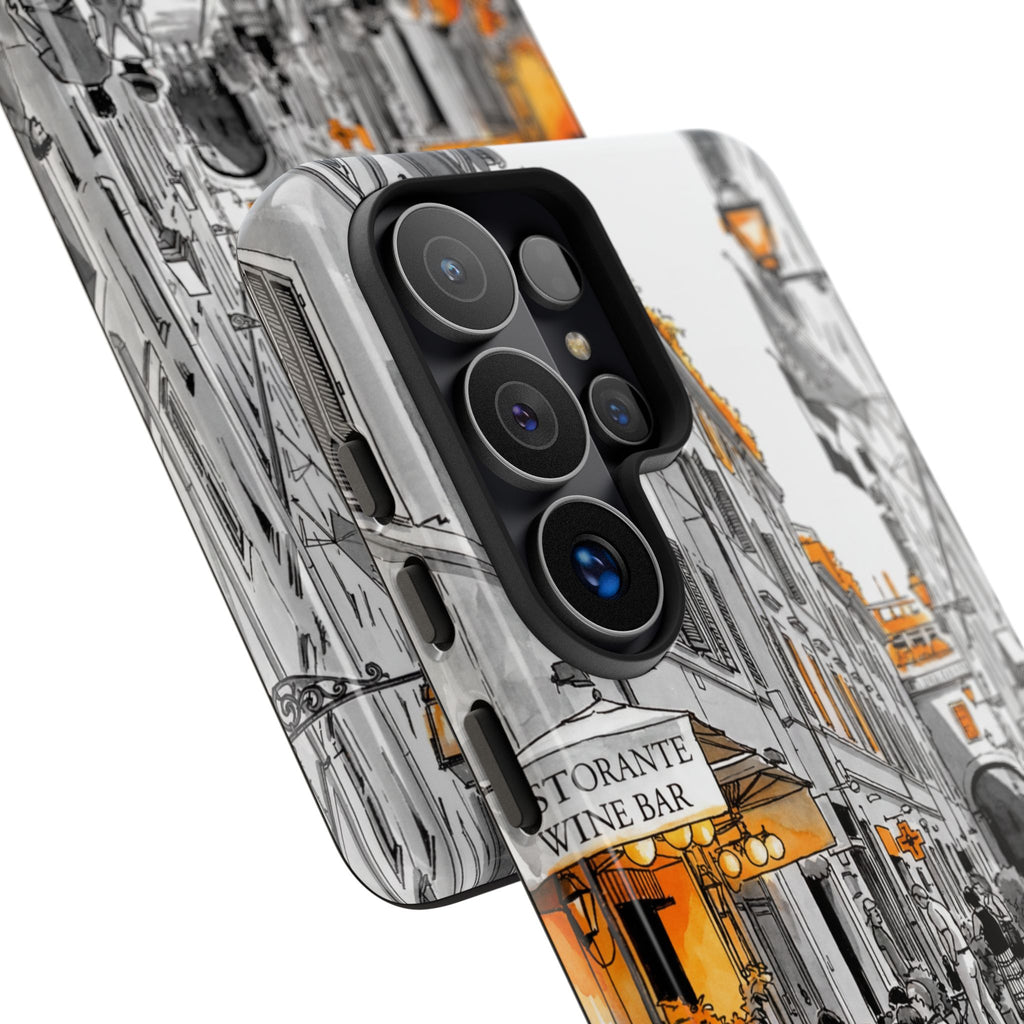 Italy Street Samsung Galaxy Case | Black & White Cityscape with Orange Accents