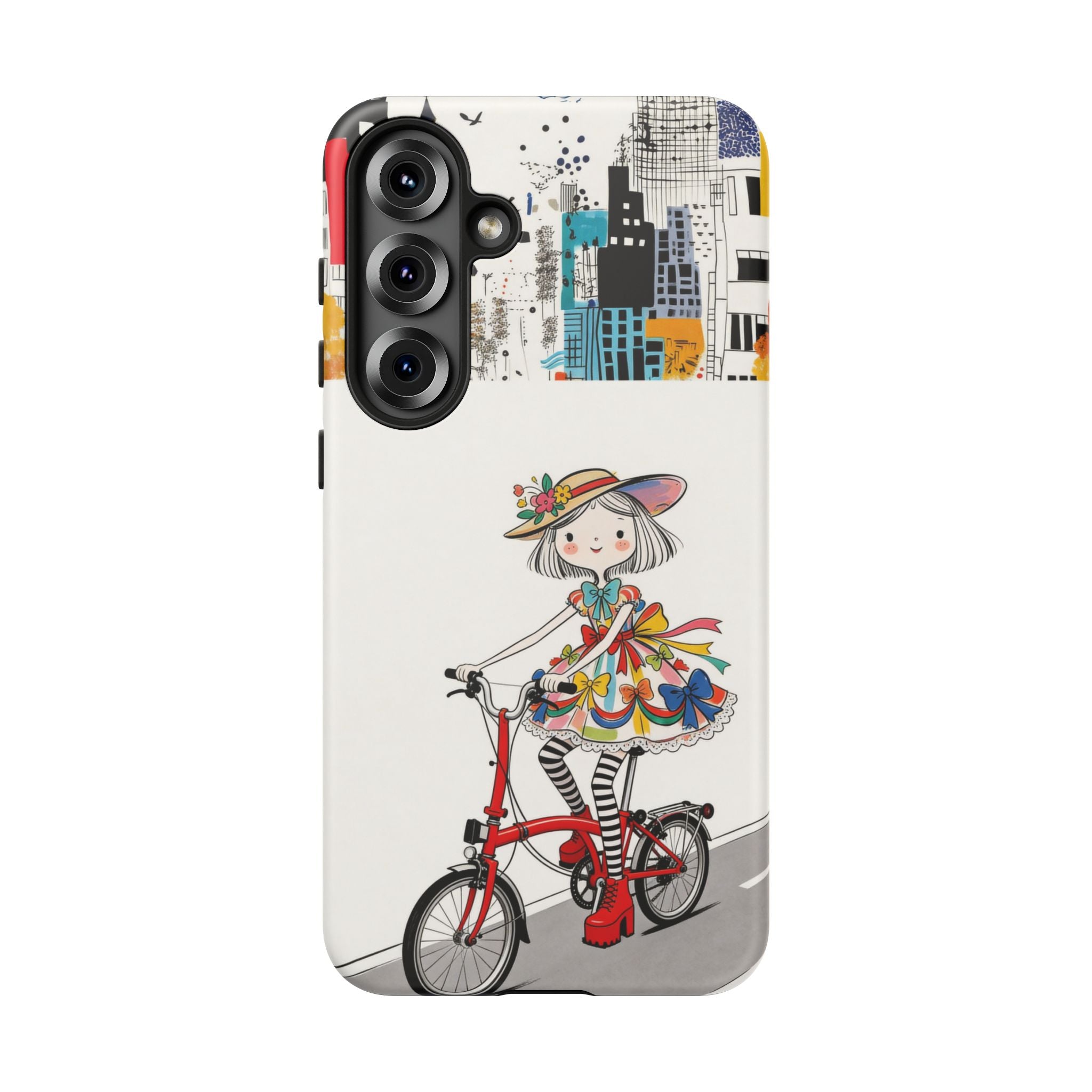 Whimsical Girl on Brompton Bicycle Urban Illustration Samsung Galaxy Phone Case