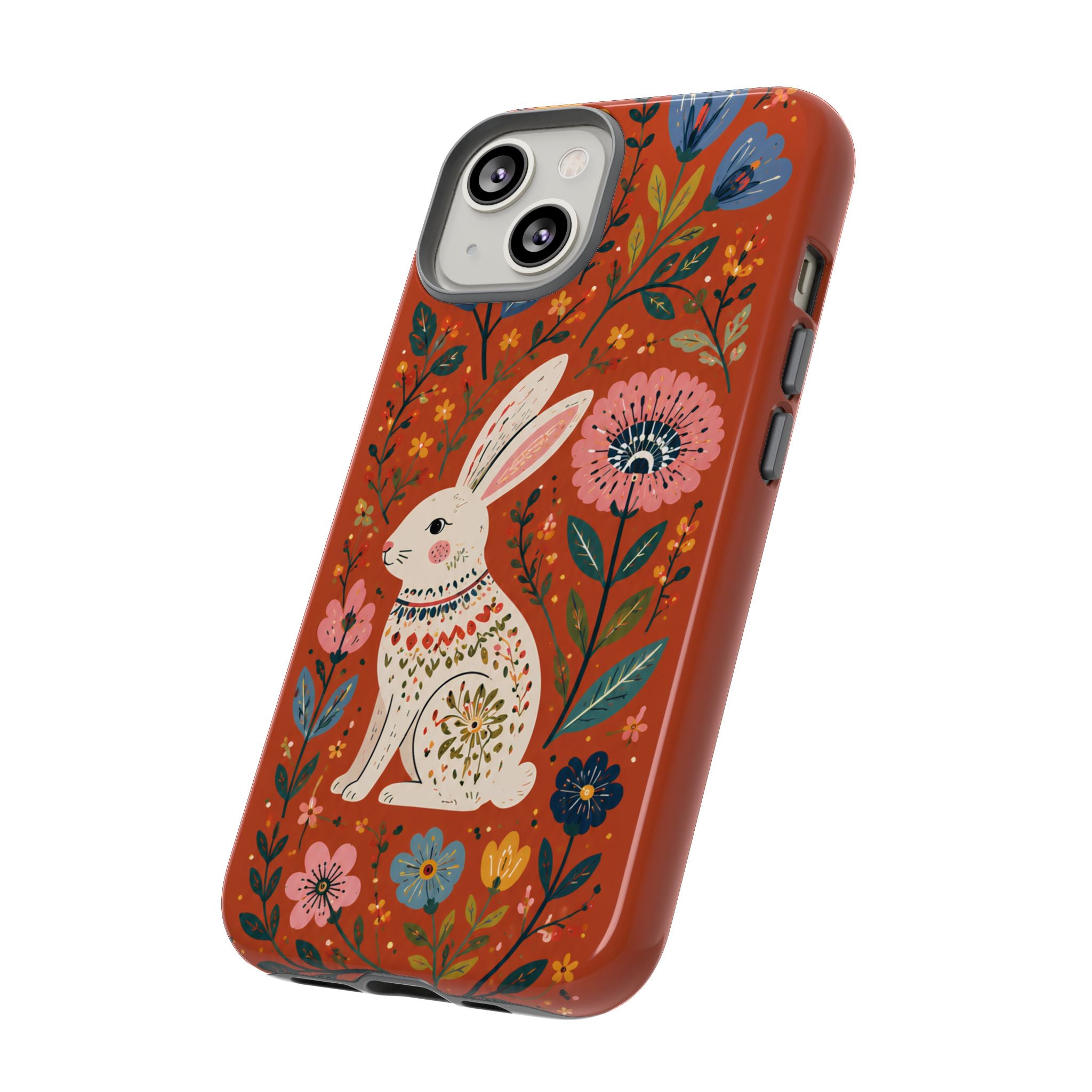 Floral Rabbit Tough iPhone Case | Protective Phone Case with Folk Art Bunny Design