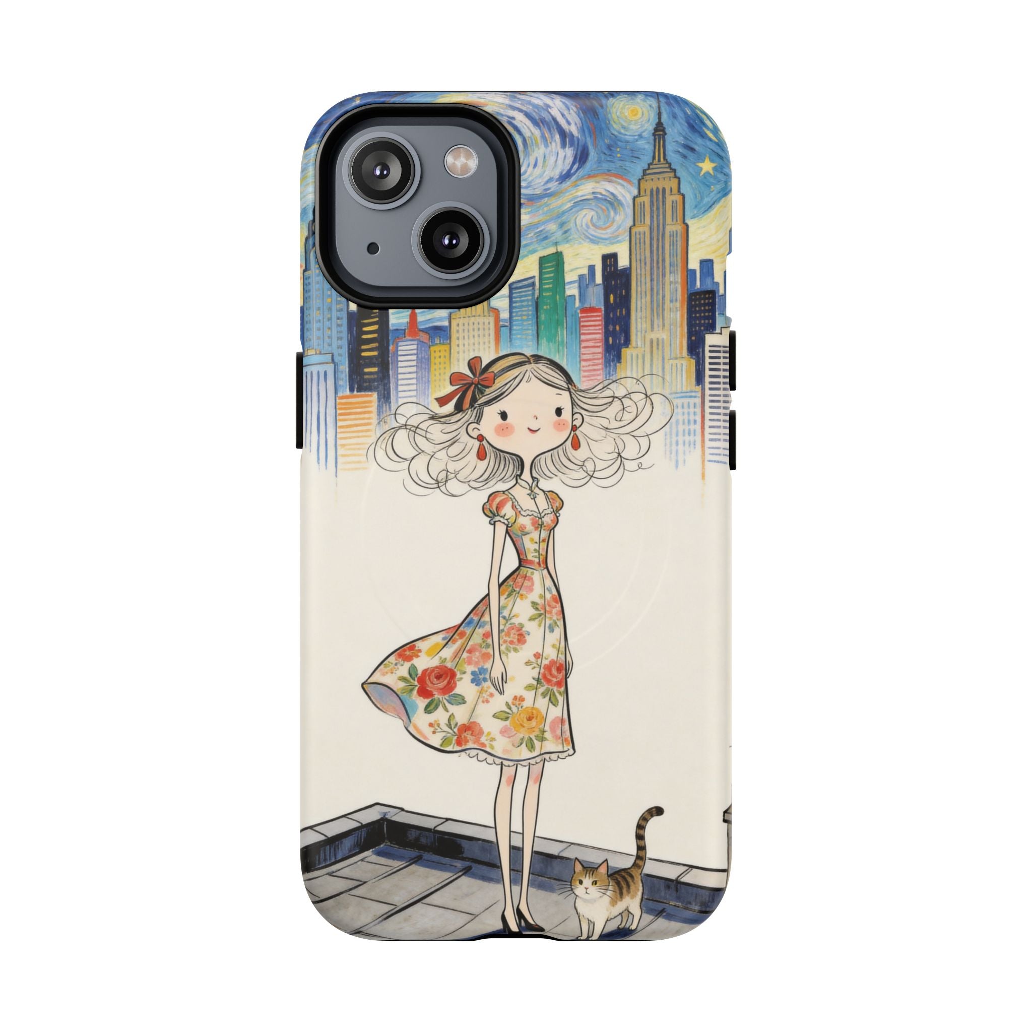 Artistic Girl Cityscape MagSafe iPhone Case | Cute Floral Dress Rooftop Design