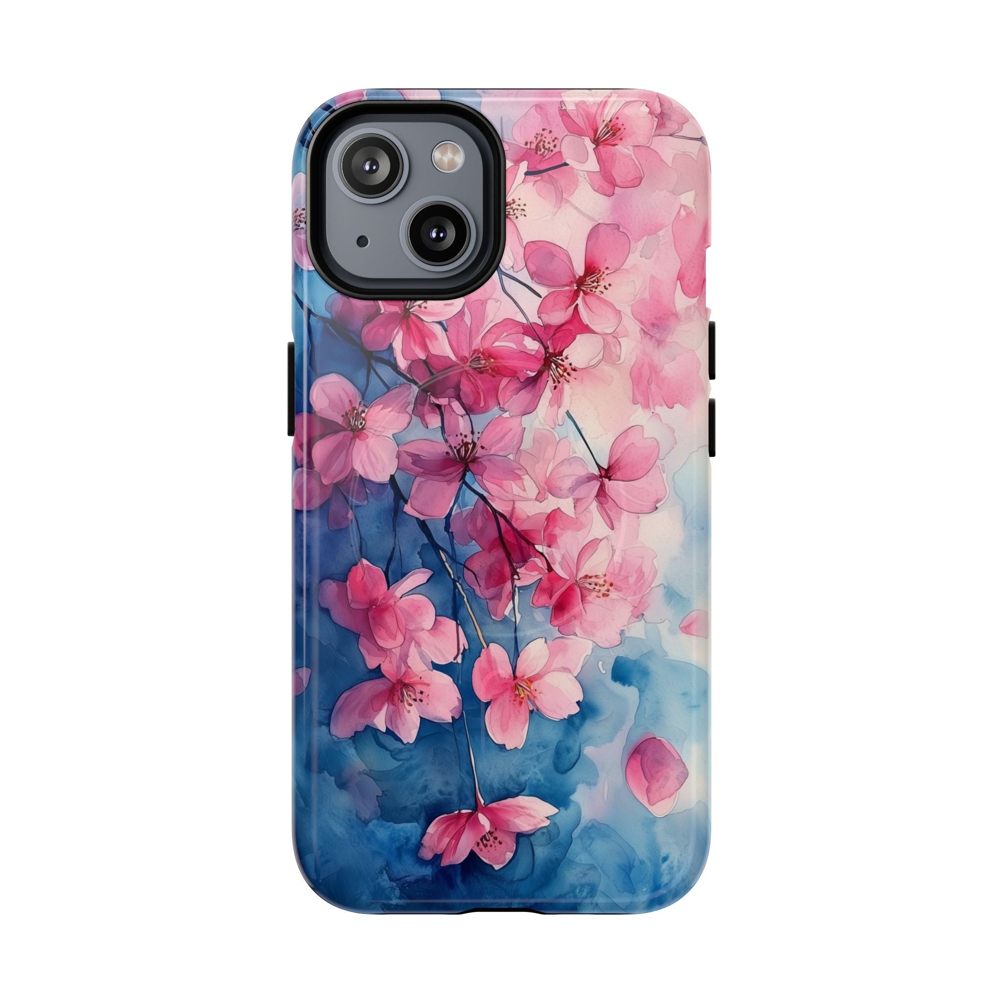 Custodia MagSafe per iPhone con motivo floreale di ciliegio in fiore | Acquerello rosa e blu