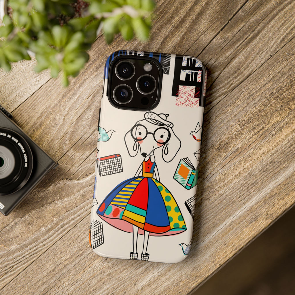 Cute Dachshund Dog Illustration iPhone Case | Colorful Whimsical Book & Bird Design