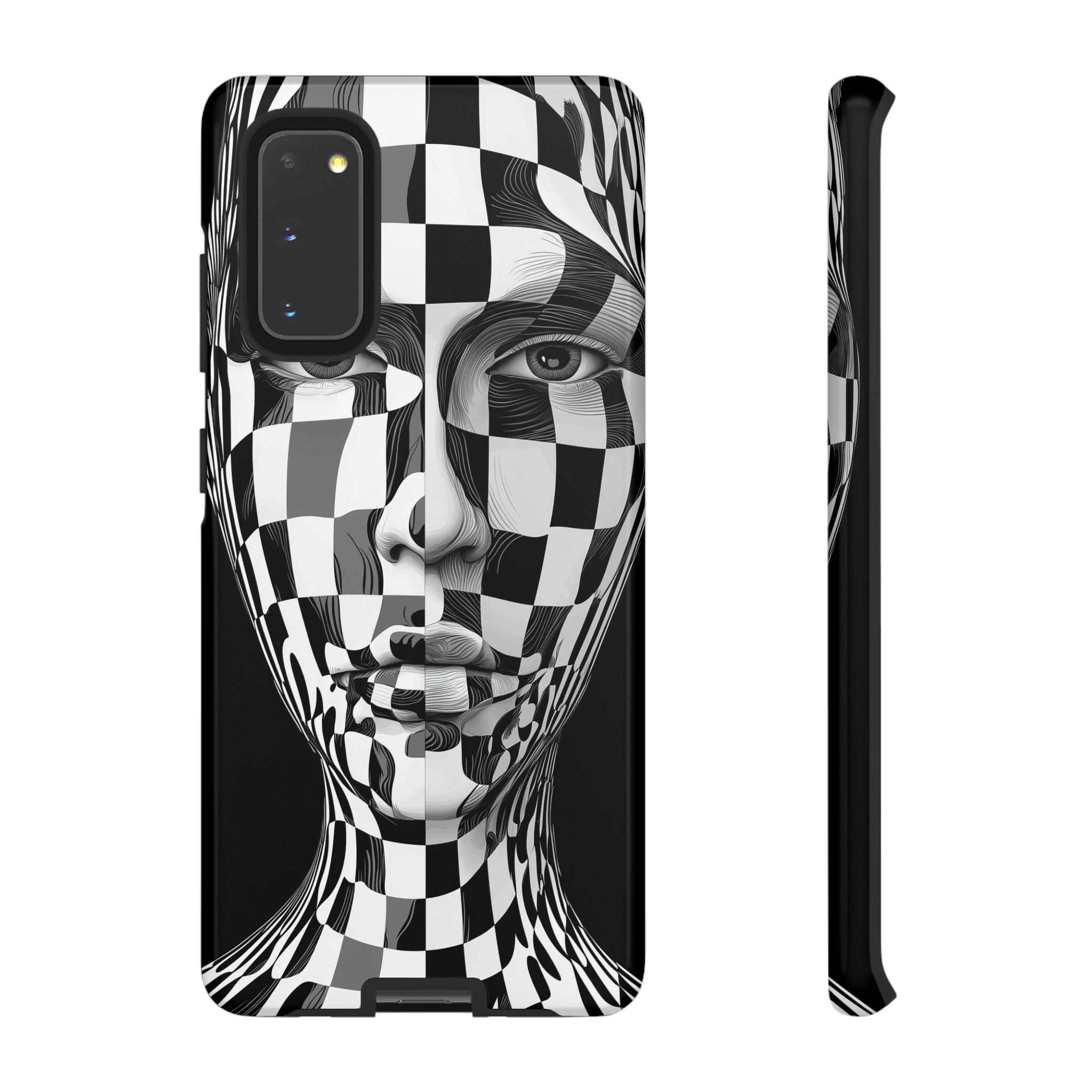 Checkerboard Face Tough Samsung Galaxy Case — Black & White Surreal Art Protective Cover