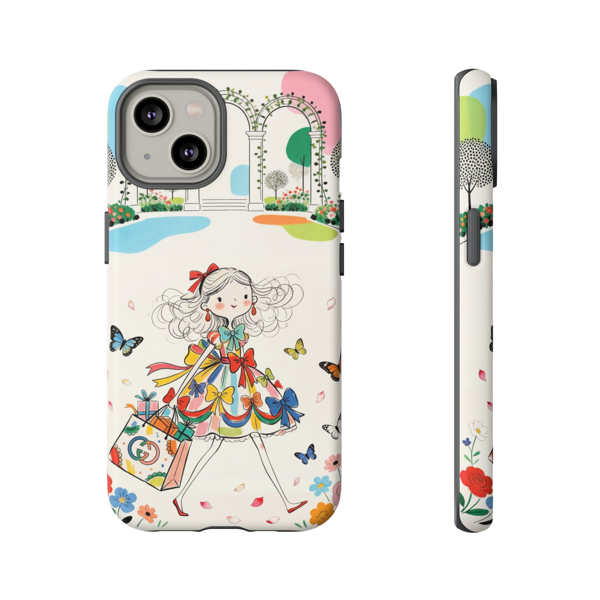 Whimsical Shopping Girl iPhone Case | Cute Floral Butterfly Tough Case