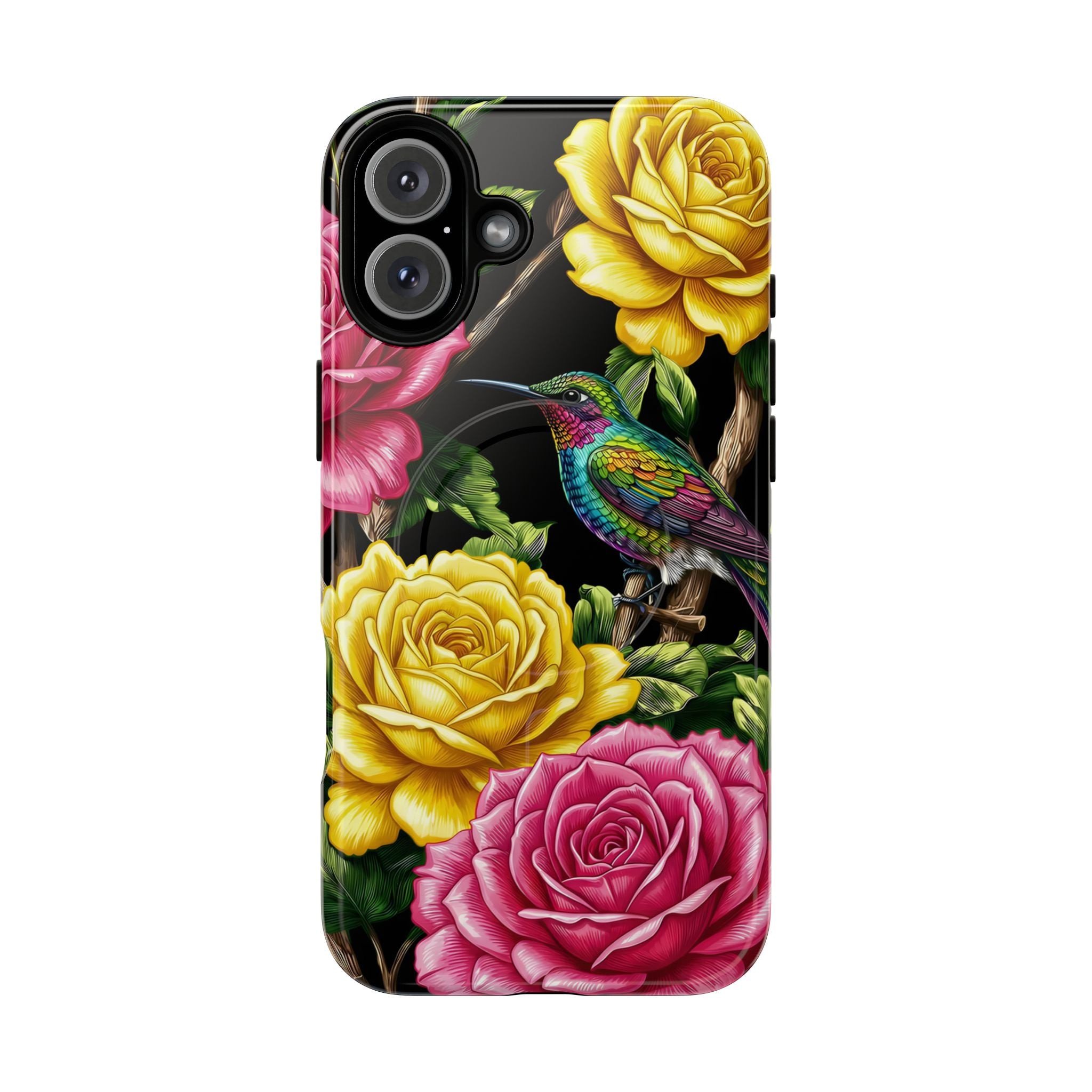 Floral Hummingbird Tough MagSafe iPhone Case | Vibrant Rose & Yellow Garden Protection