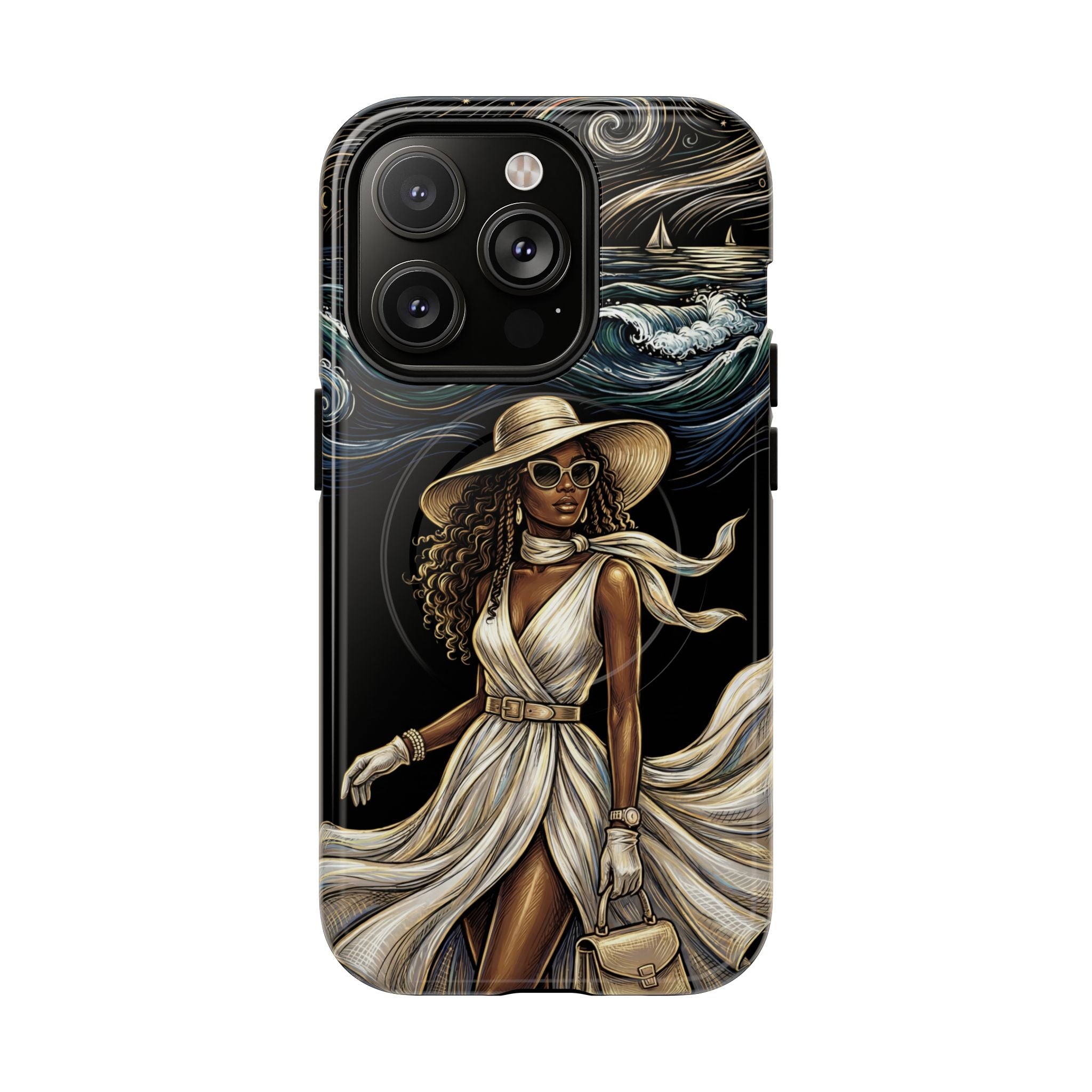 MagSafe iPhone Case | Elegant Black Woman in Flowing Dress by the Sea