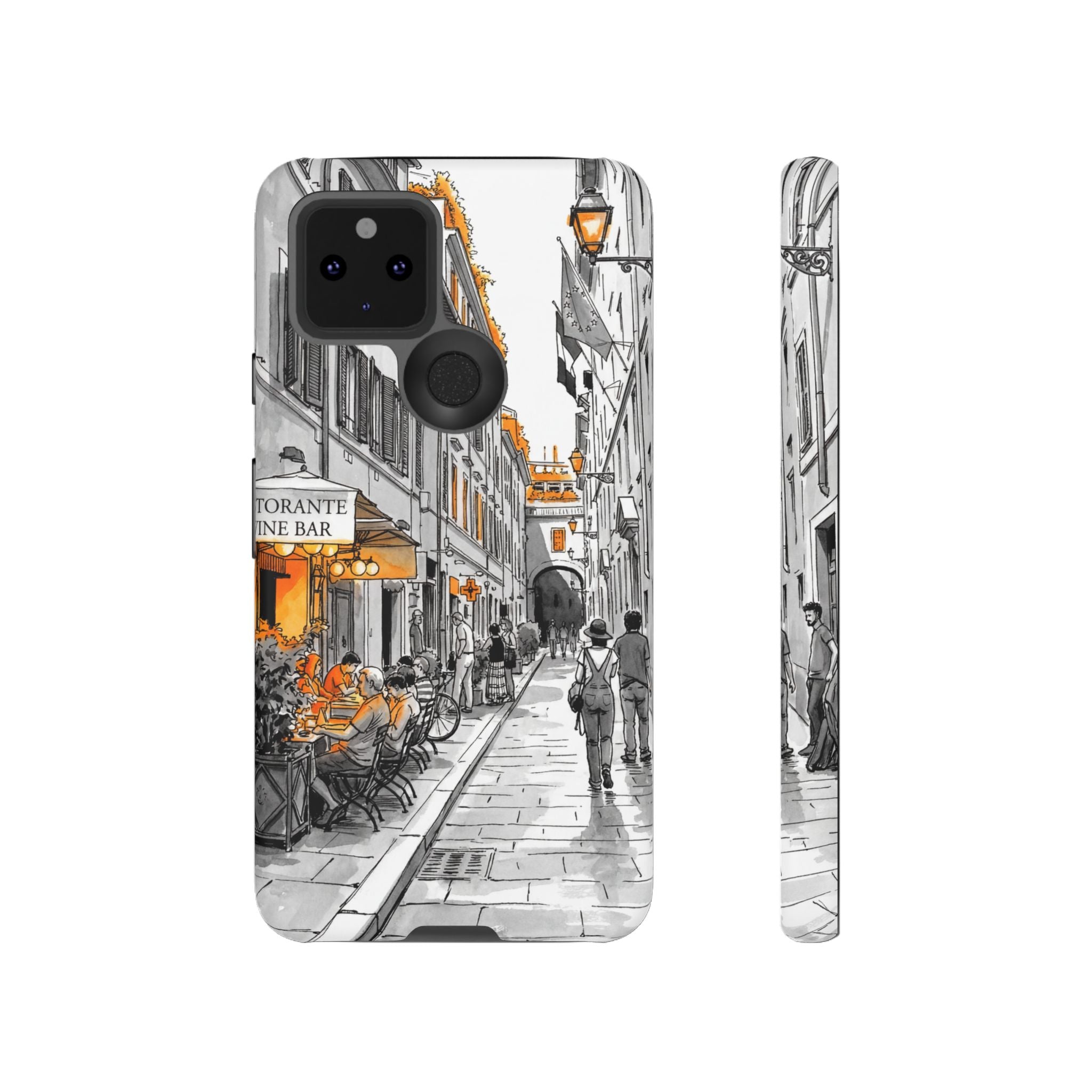 Italy Street Phone Case | Vintage Italian Cafe Sketch with Orange Accents