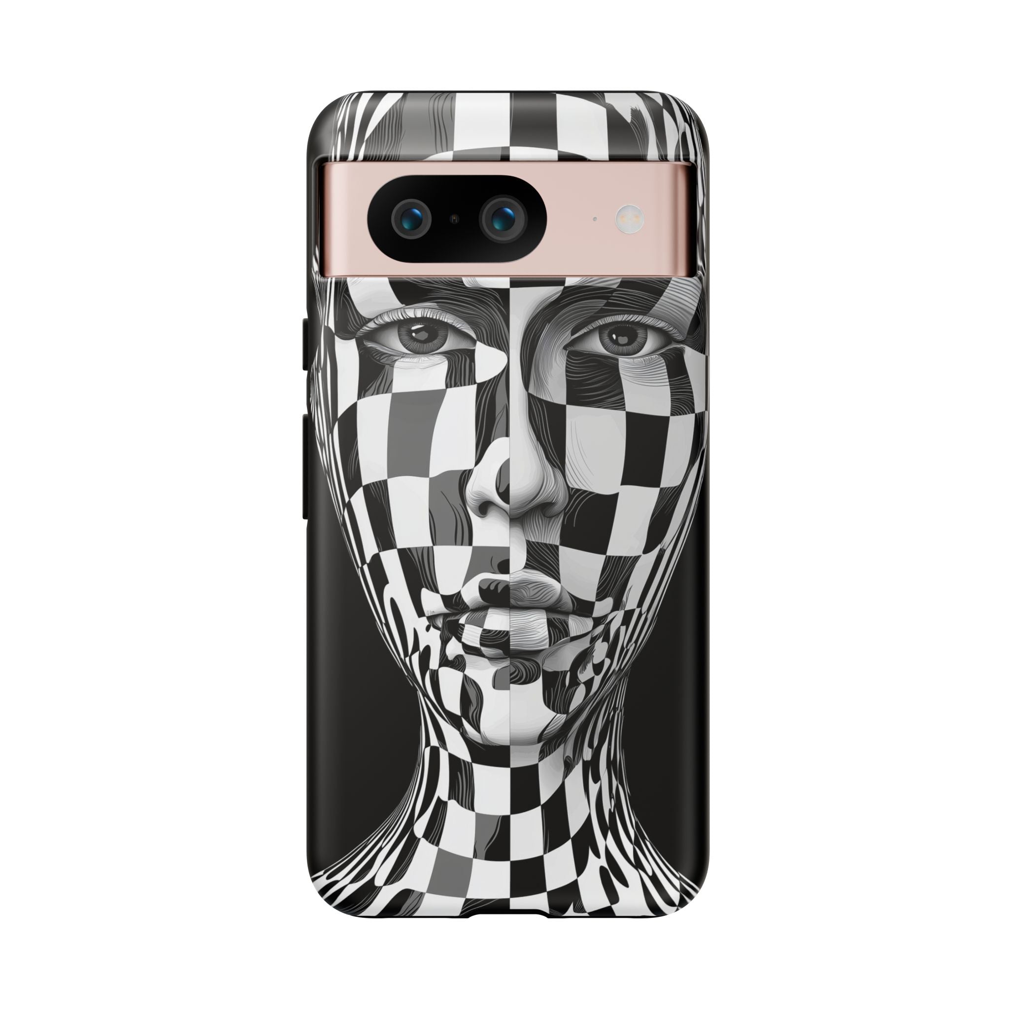 Checkerboard Face Tough Google Pixel Case — Black & White Surreal Art Protective Cover