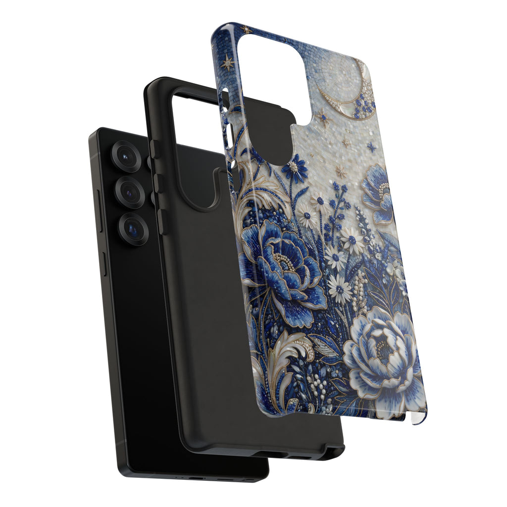 Blue Floral Moon Samsung Galaxy Phone Case | Vintage Botanical Night Sky Protective Case