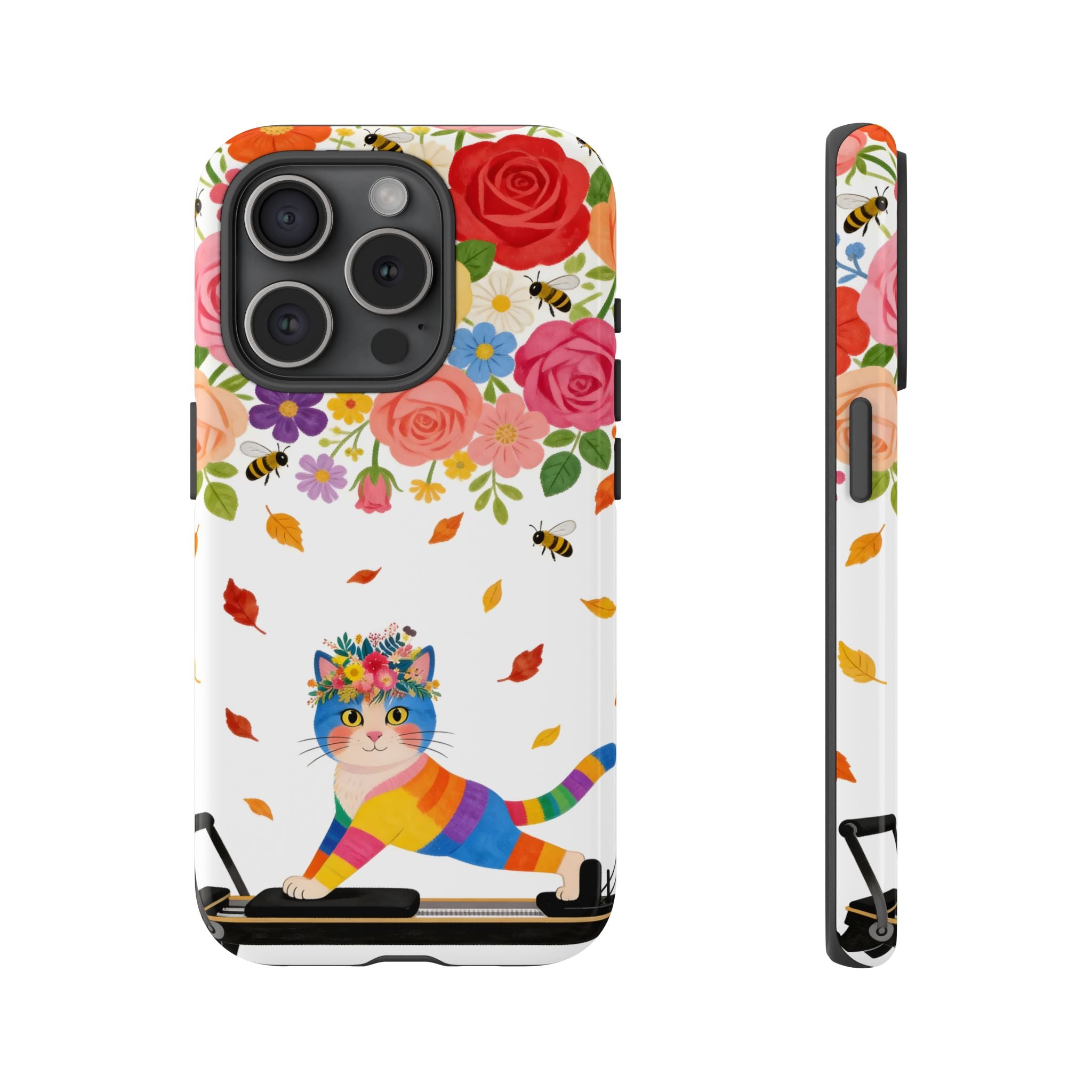 Floral Rainbow Cat Tough iPhone Case — Colorful Pilates Cat Design