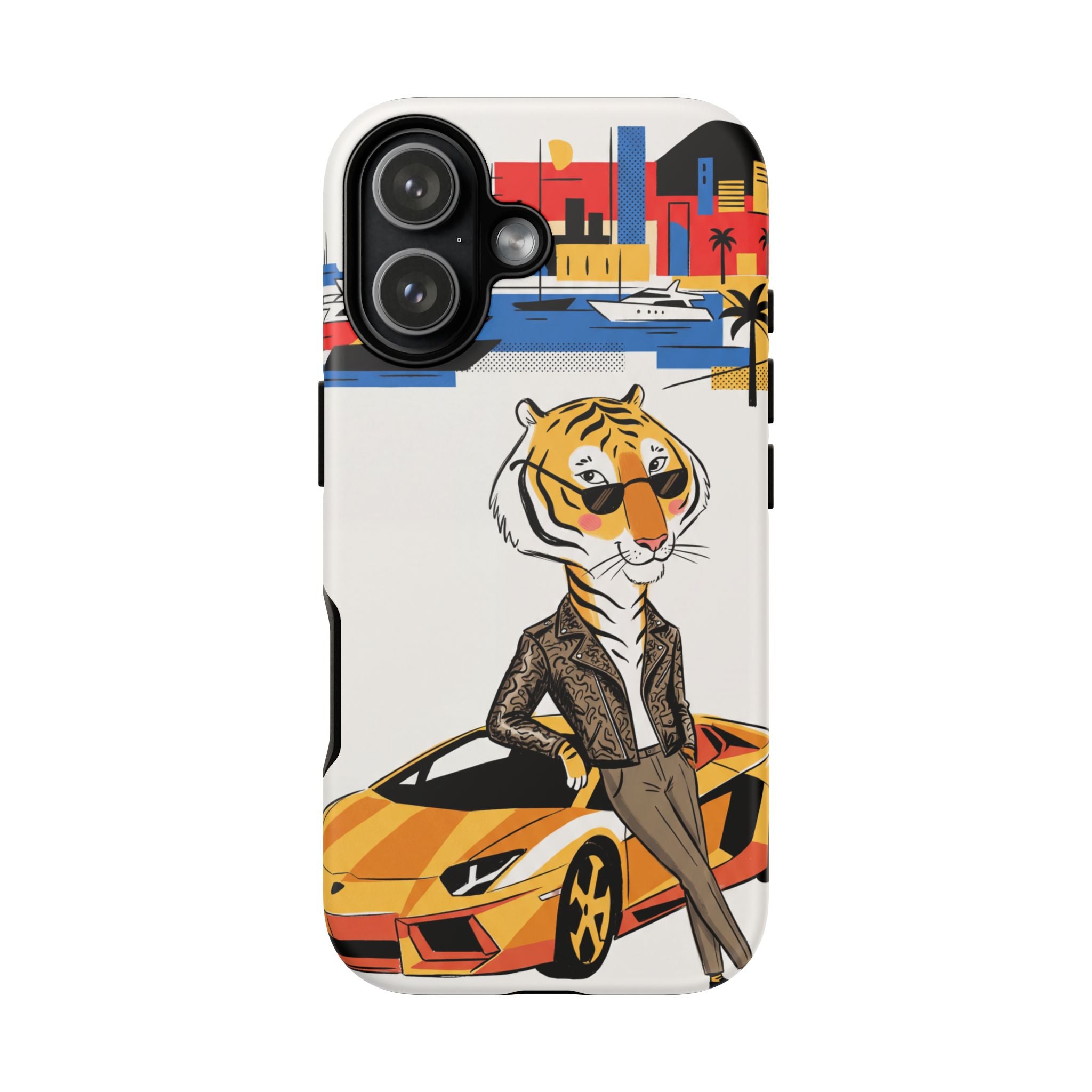 Stylish Tiger with Sports Car Illustration iPhone Case