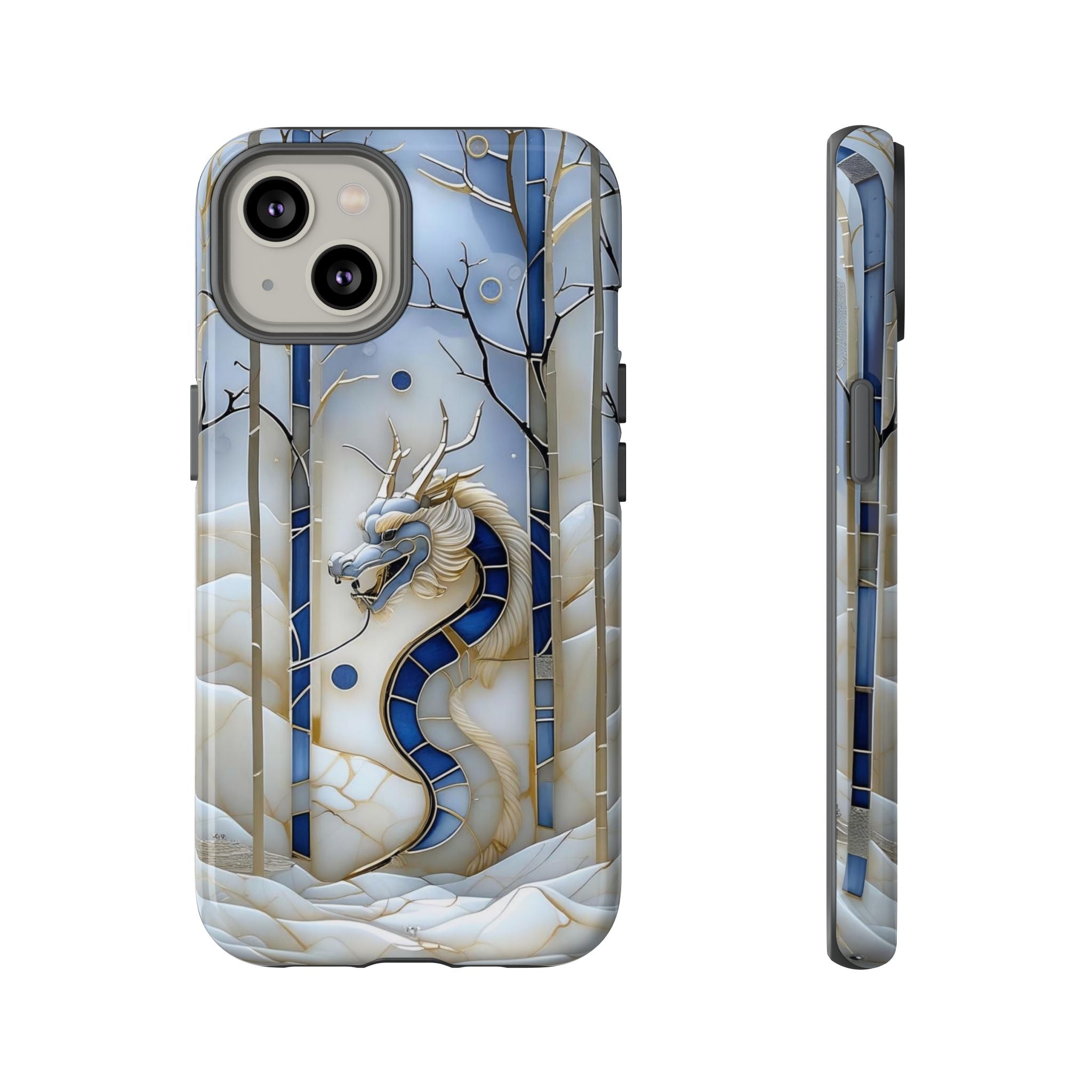 Dragon Stained Glass iPhone Case — Blue Winter Forest Protective Cover