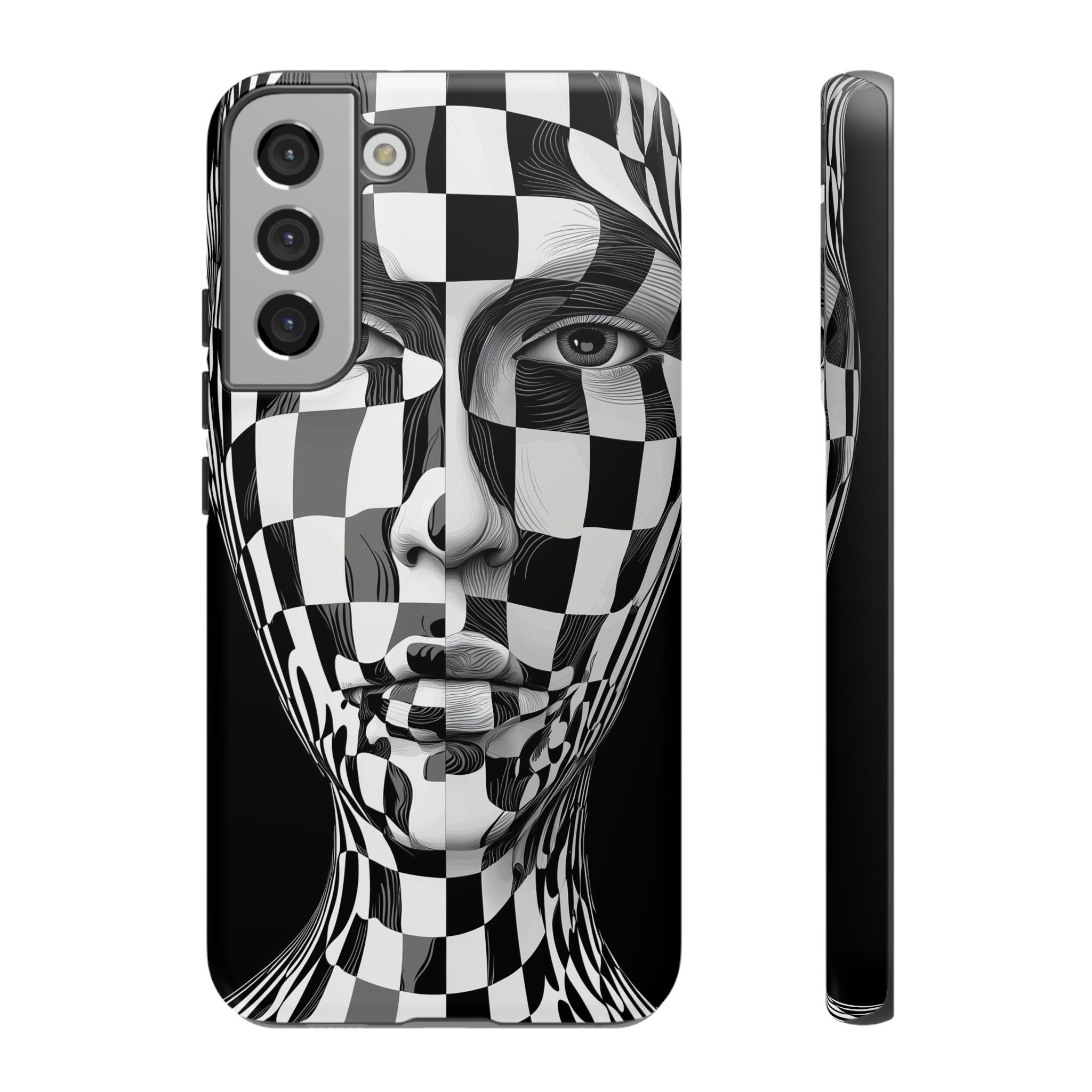 Checkerboard Face Tough Samsung Galaxy Case — Black & White Surreal Art Protective Cover