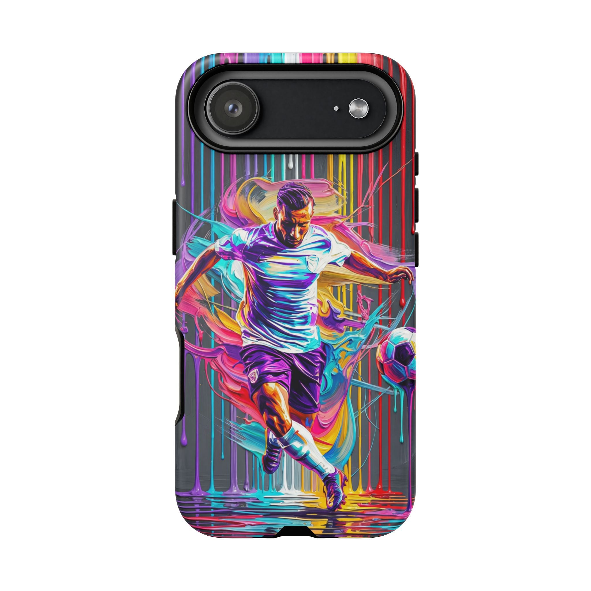 Soccer Player Neon Art iPhone Case | Vibrant Football Kick Protective Cover