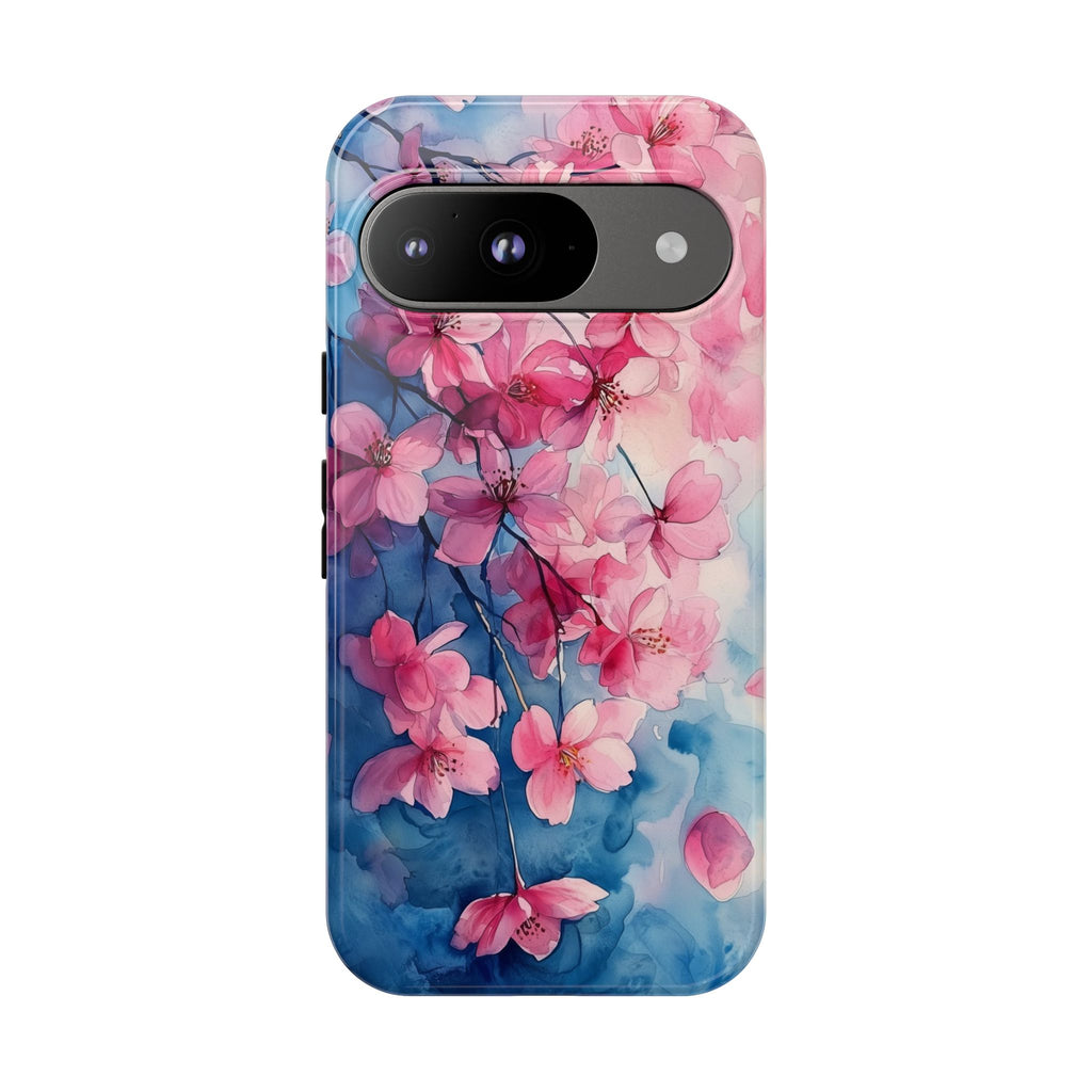 Floral Cherry Blossom Google Pixel Case | Pink Blue Watercolour