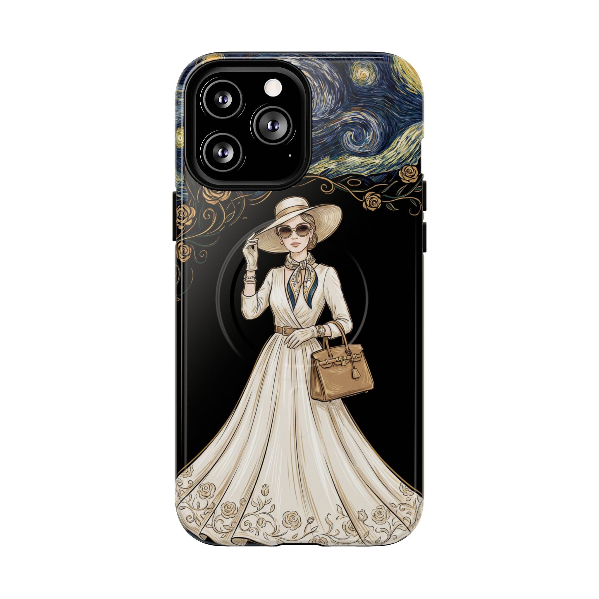 Vintage Starry Night Fashion MagSafe iPhone Case | Elegant Lady in White Dress