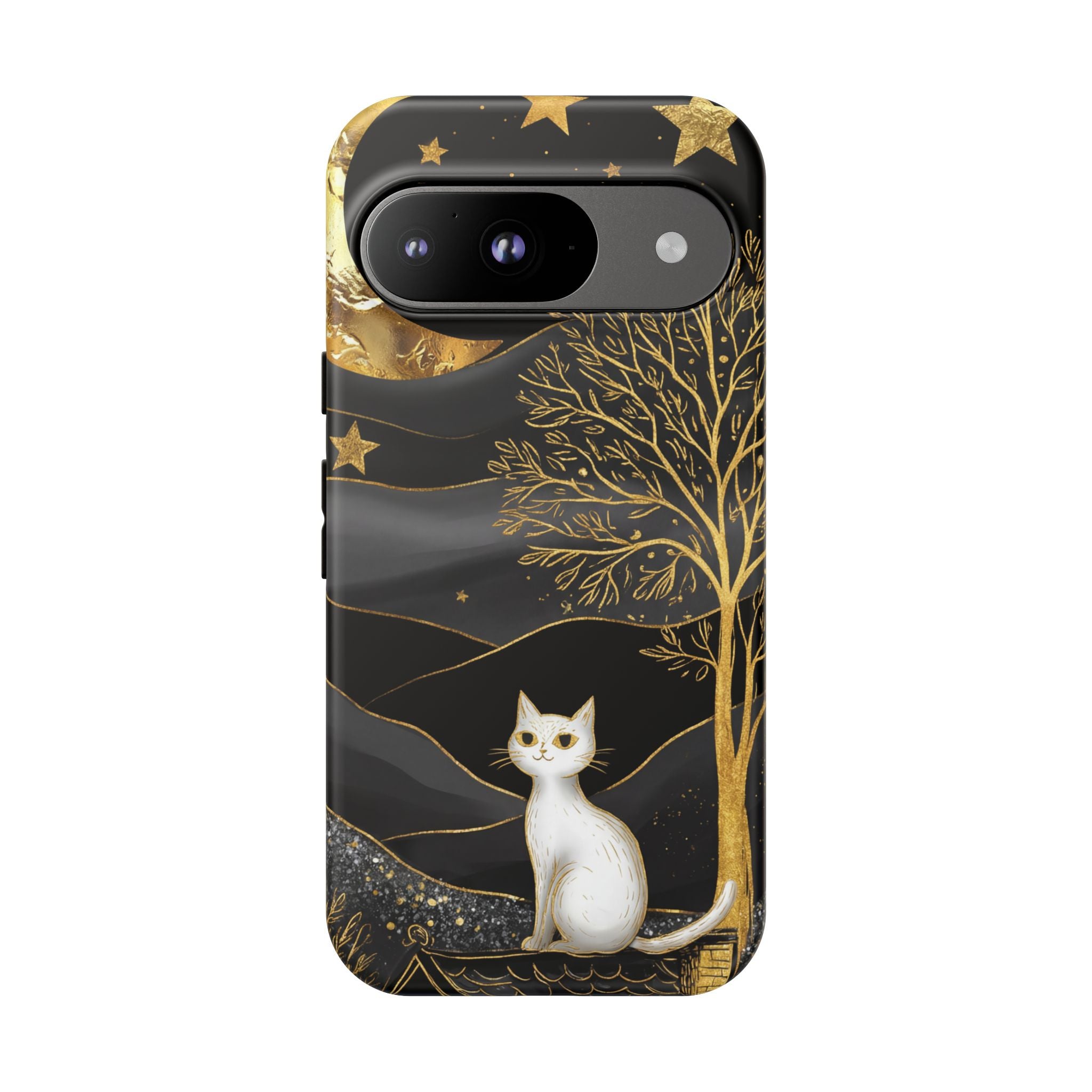 Mystic Night Cat Google Pixel Case | Gold Tree & Stars Tough Case
