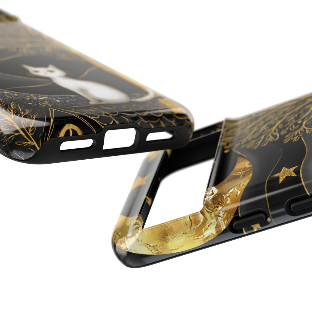 Mystic Night Cat Google Pixel Case | Gold Tree & Stars Tough Case