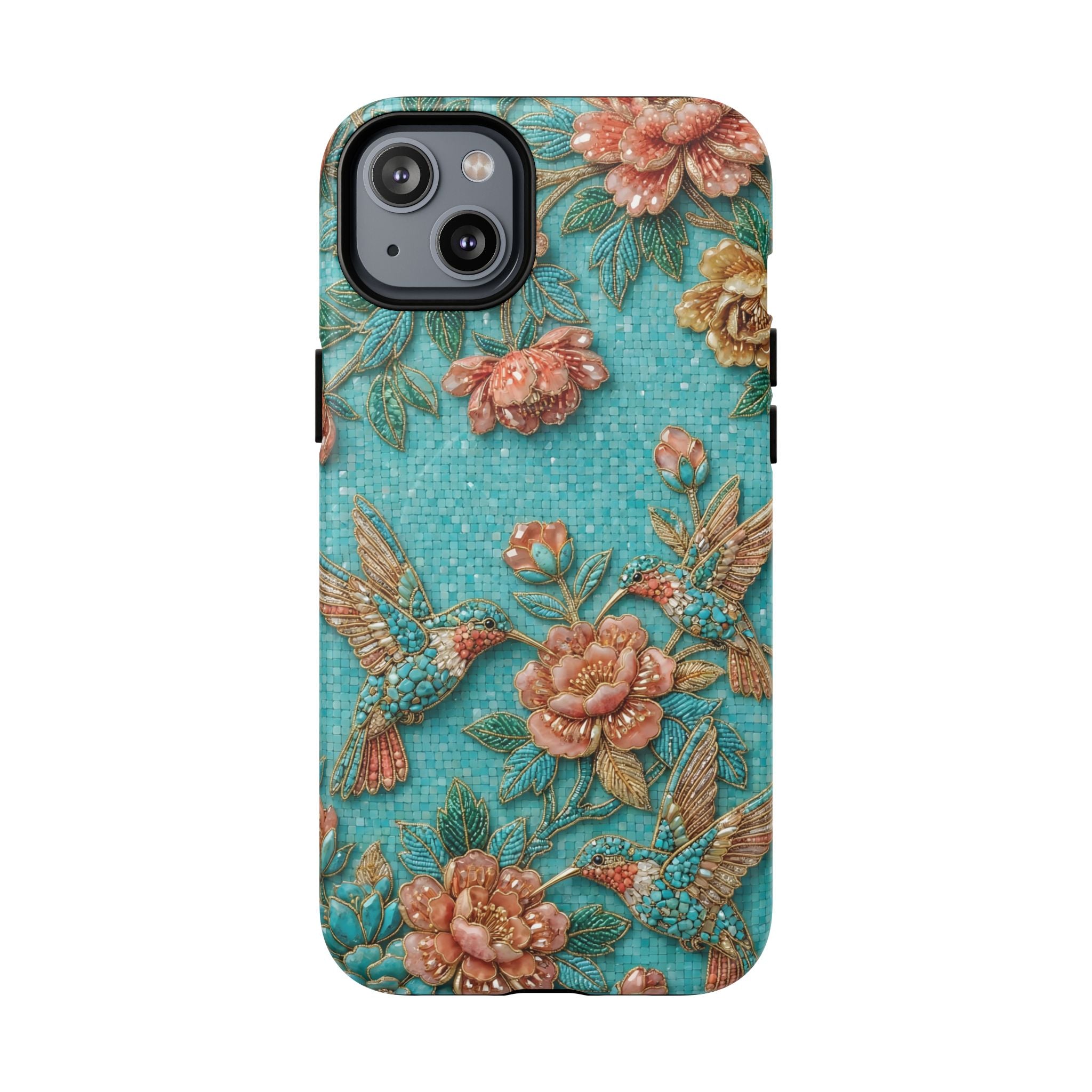 Floral Hummingbird Tough MagSafe iPhone Case | Turquoise Embroidered Garden Design