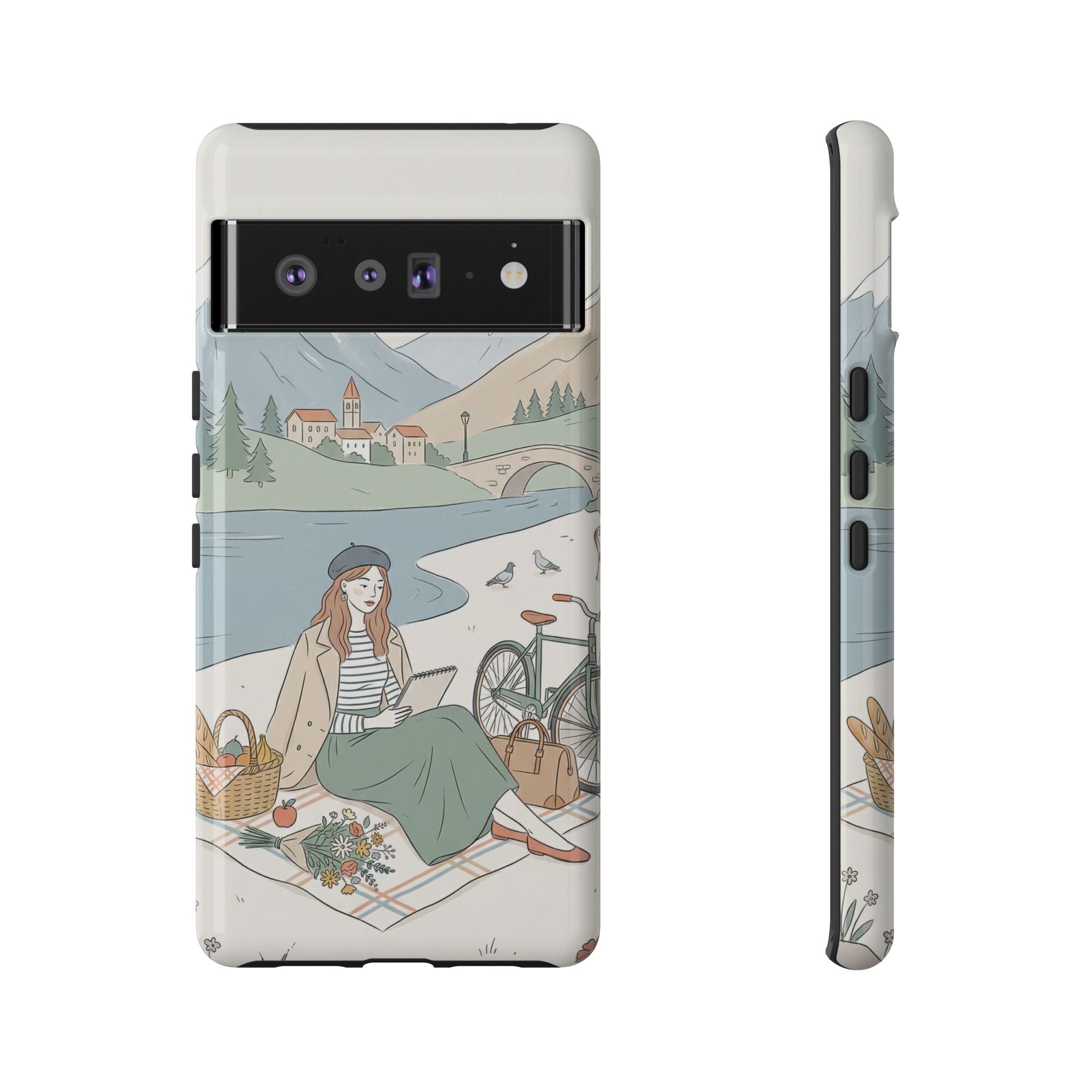 Scenic Picnic Google Pixel Phone Case | Vintage Bicycle & Mountain Illustration