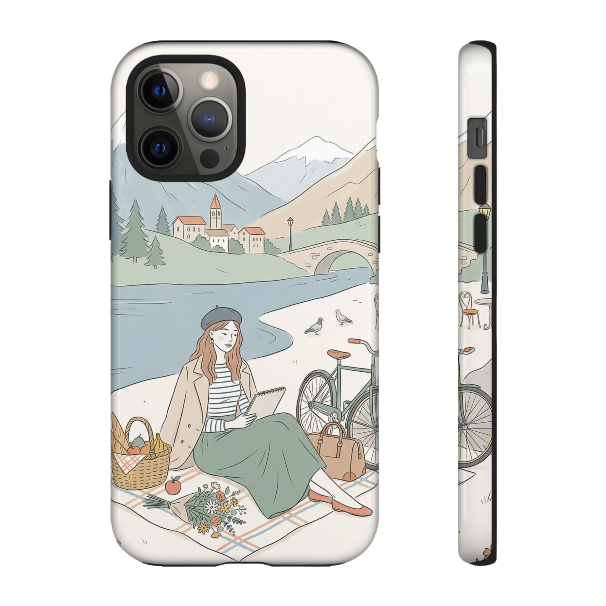Scenic Picnic iPhone Case | Vintage Bicycle & Mountain Illustration