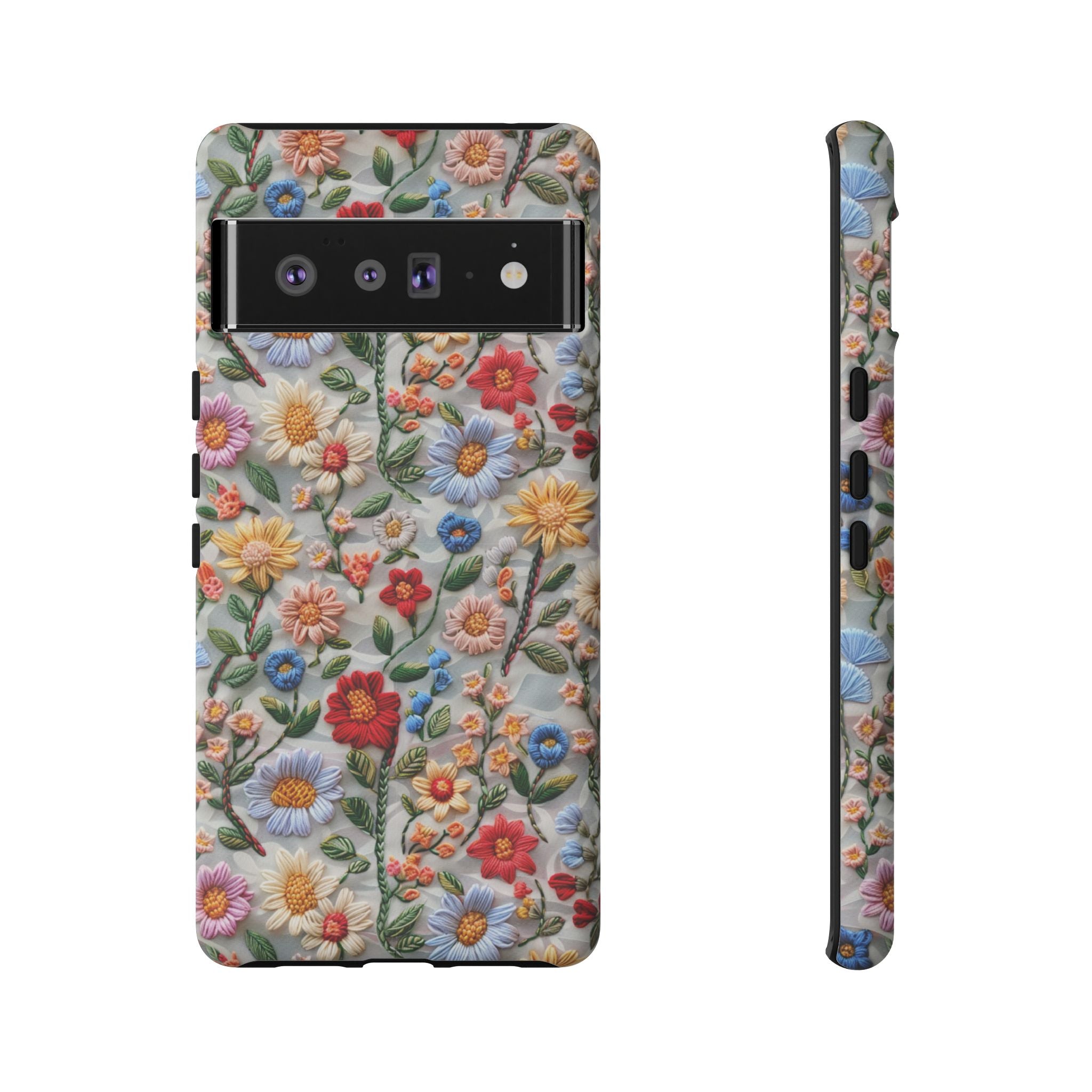 Floral Embroidered Pattern Tough Google Pixel Case — Colourful Daisy & Wildflower Design