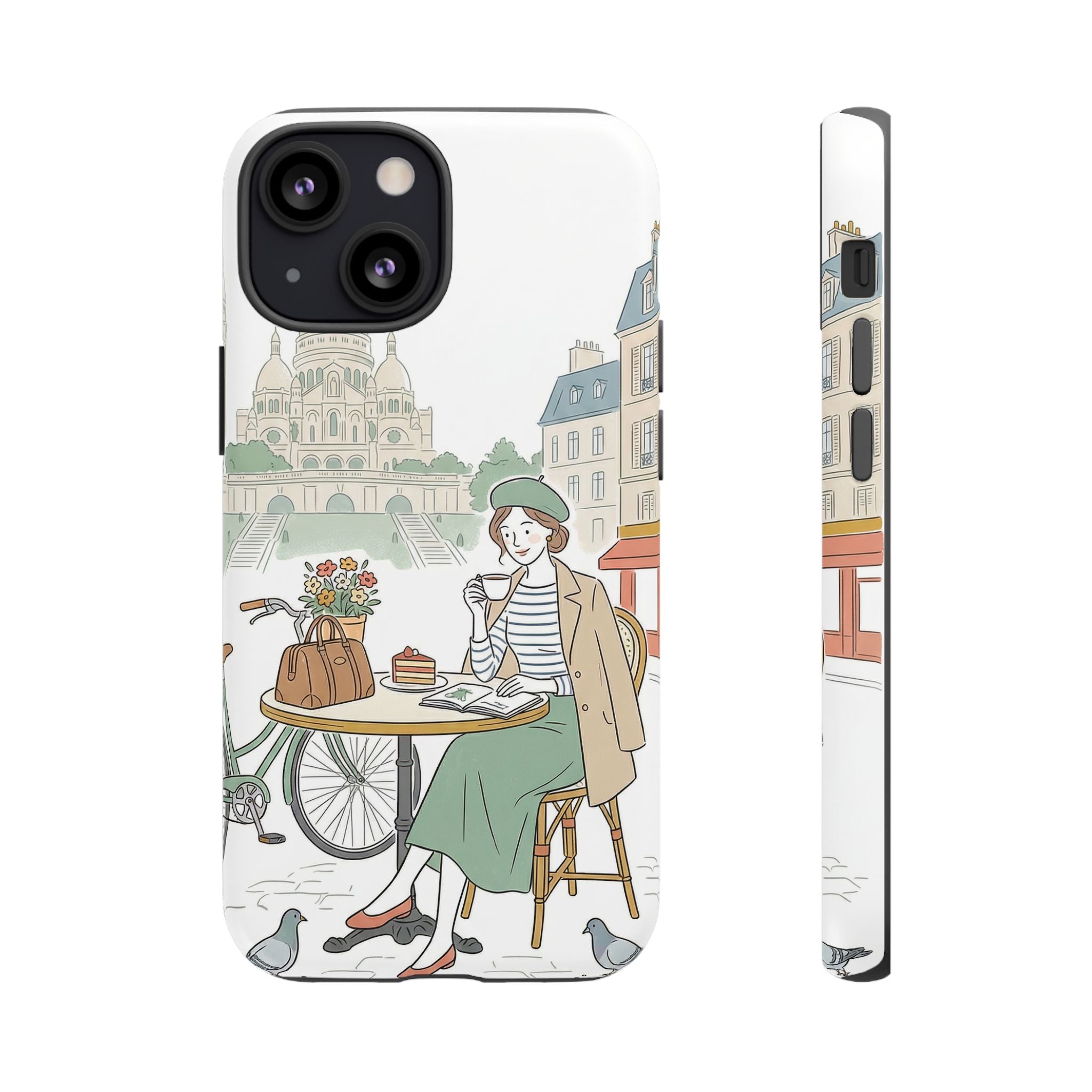 Paris Cafe Illustration iPhone Case | Vintage Bicycles & Pigeons Protective Cover