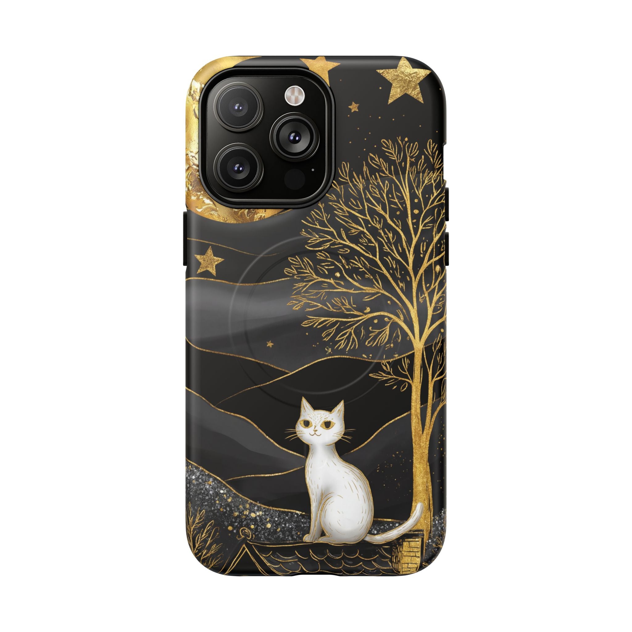Custodia per iPhone Moonlit Cat | Custodia resistente MagSafe nera e oro