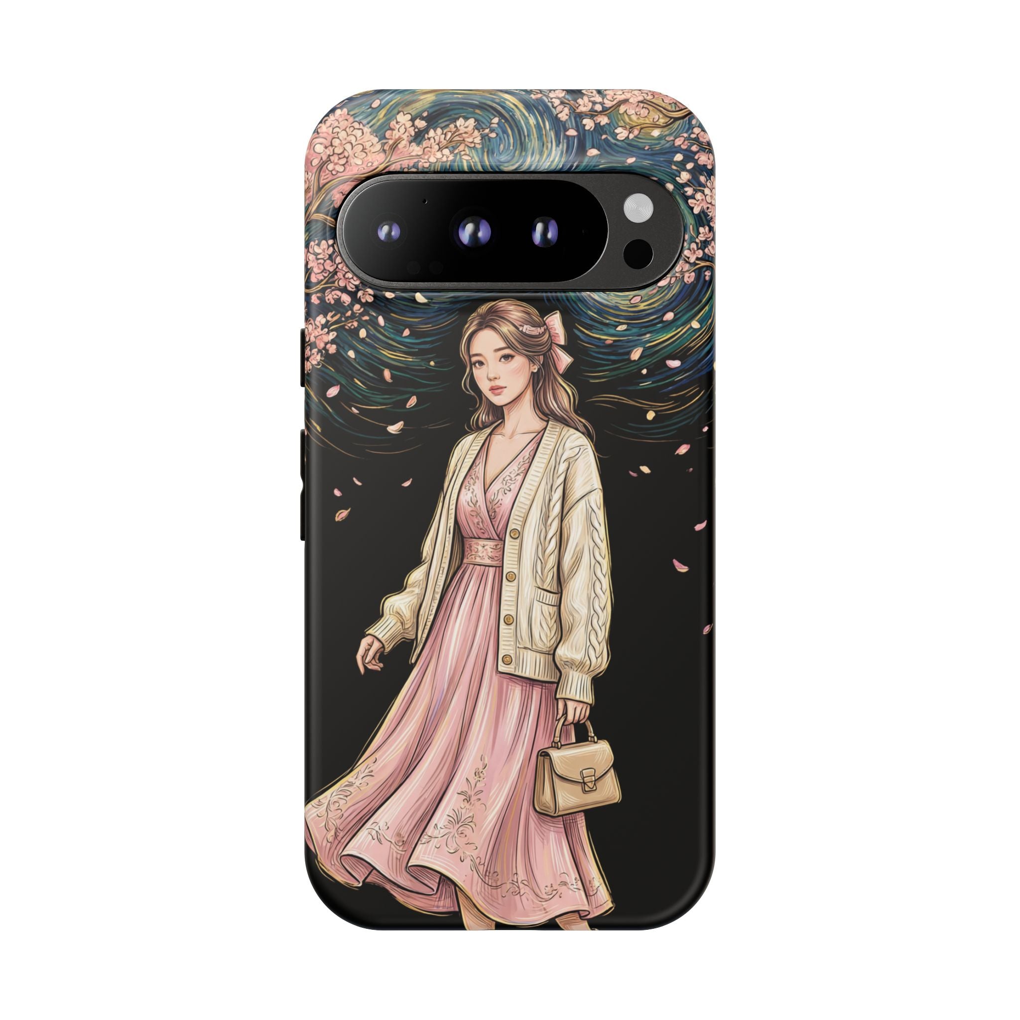 Floral Starry Night Google Pixel Phone Case | Elegant Girl in Pink Dress