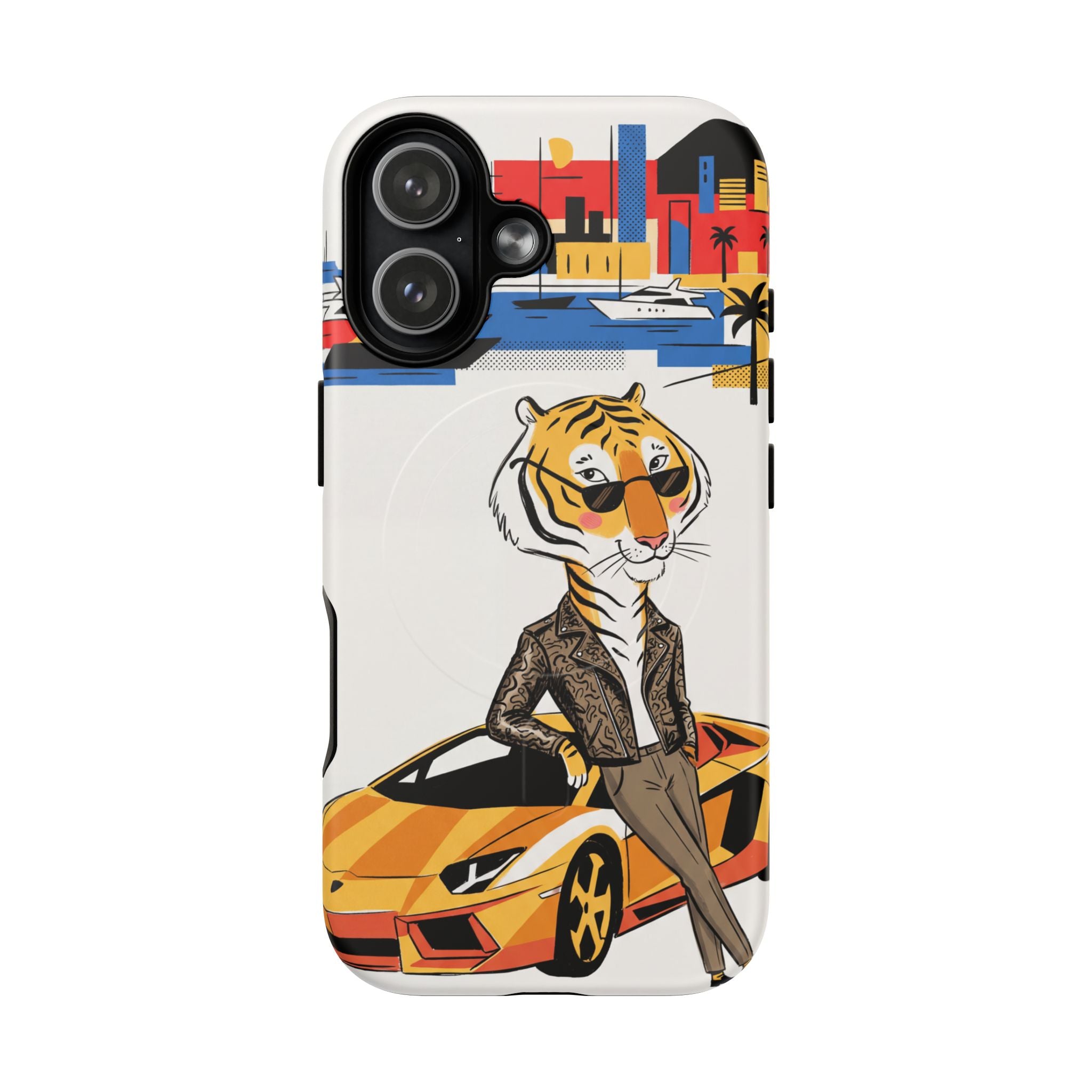 Stylish Tiger with Sports Car Illustration MagSafe iPhone Case