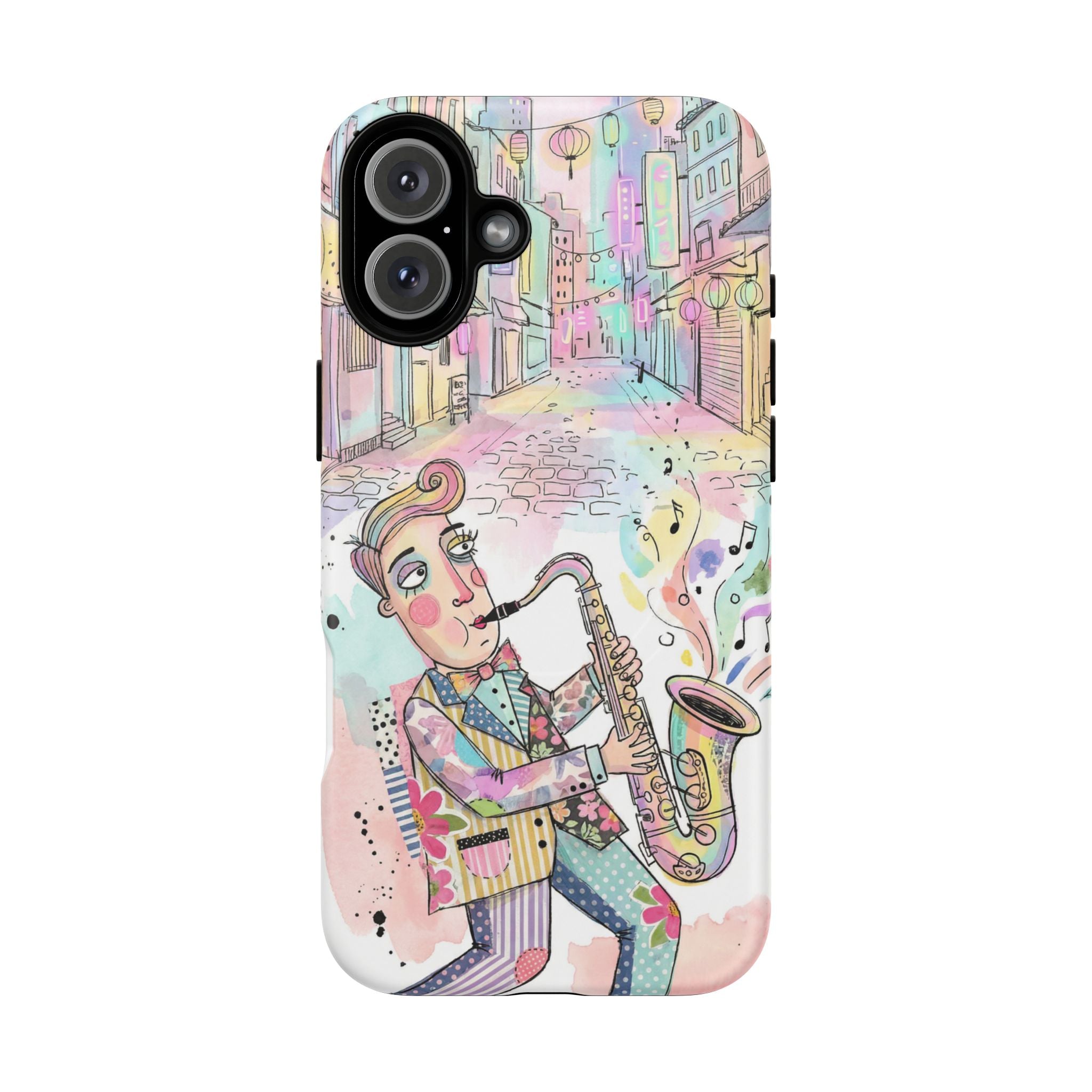 Sax Player Art MagSafe iPhone Case | Pastel Jazz Street Illustration