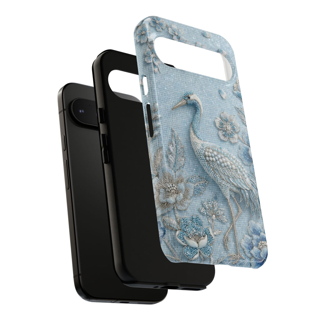Blue Crane Floral Google Pixel Phone Case | Vintage Embossed Bird Design