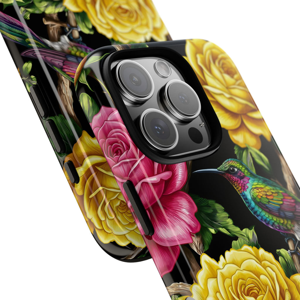 Cover iPhone Robusta Colibrì Floreale | Protezione Vibrante da Giardino Rosa e Giallo