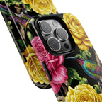 Cover iPhone Robusta Colibrì Floreale | Protezione Vibrante da Giardino Rosa e Giallo